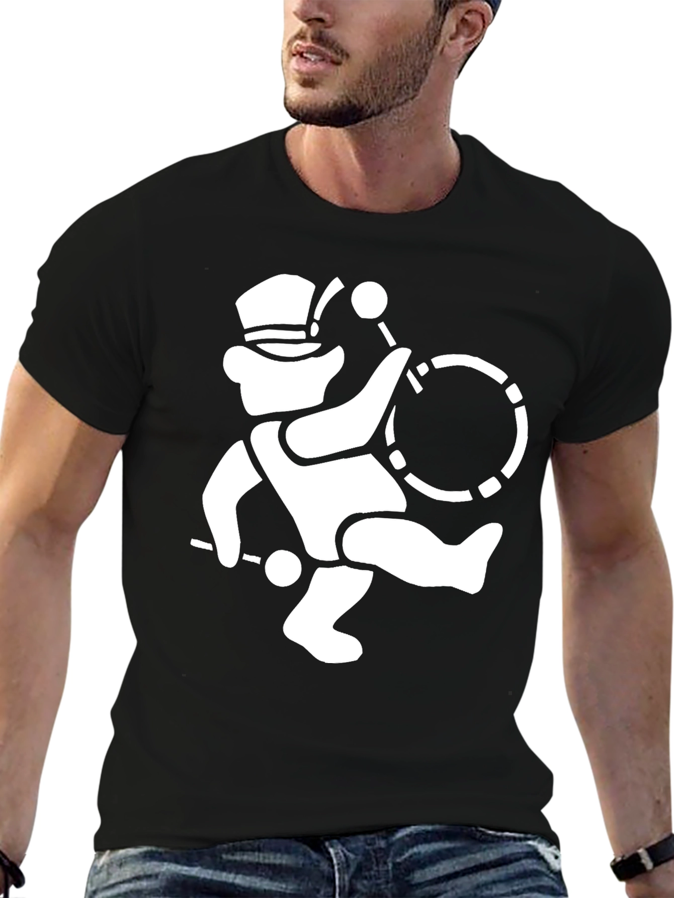 Drummer Bear Graphic Tee - Black Cotton Shirt