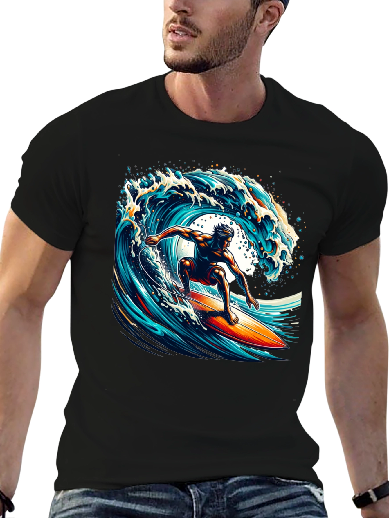 Surfer Wave Graphic T-Shirt - Black Cotton Tee