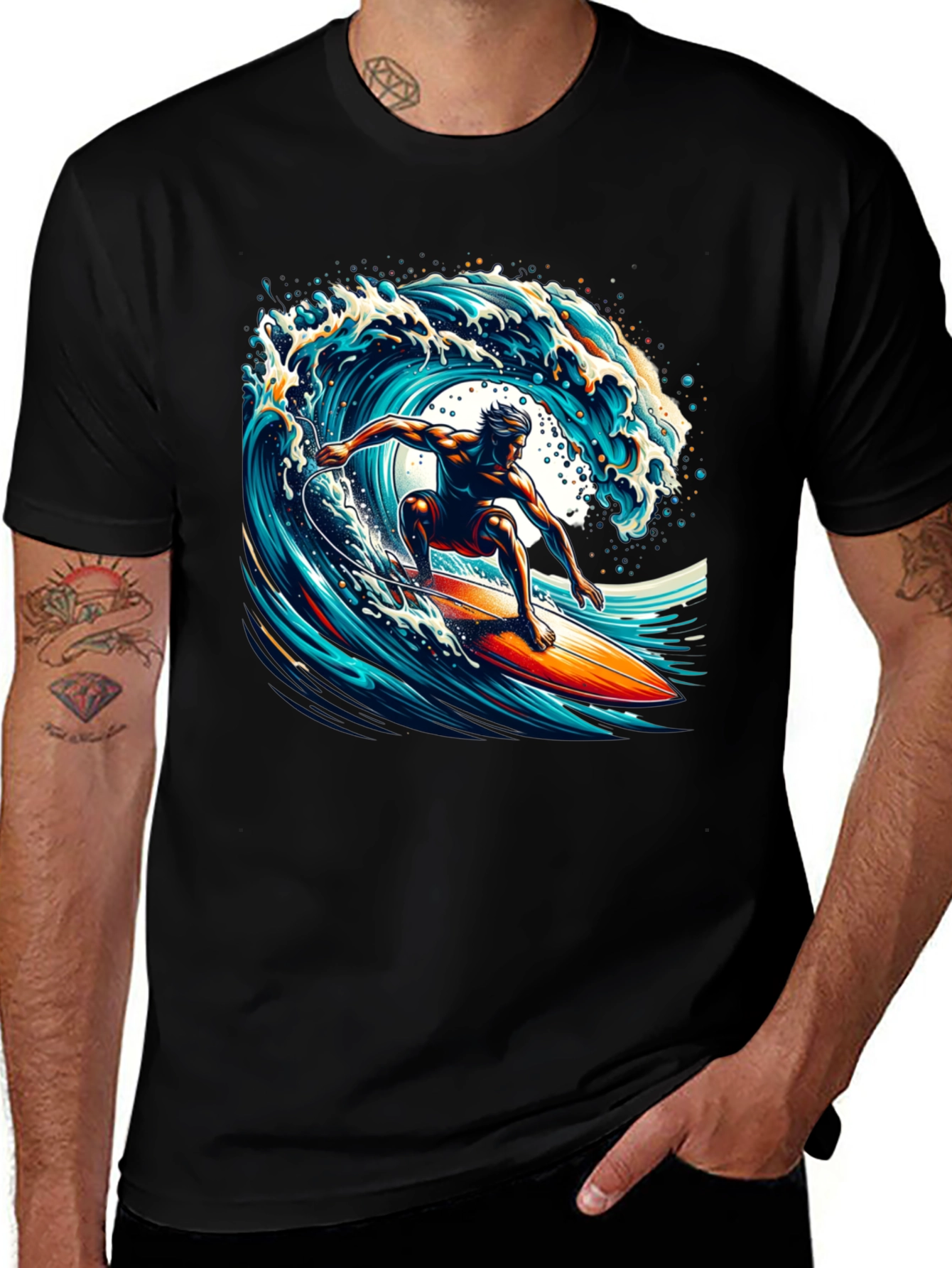 Surfer Wave Graphic T-Shirt - Black Cotton Tee