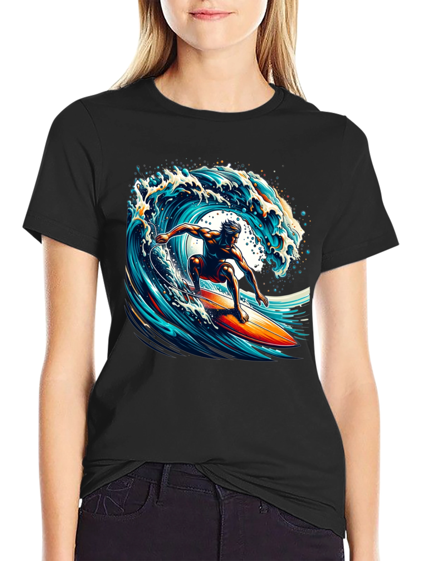 Surfer Wave Graphic T-Shirt - Black Cotton Tee