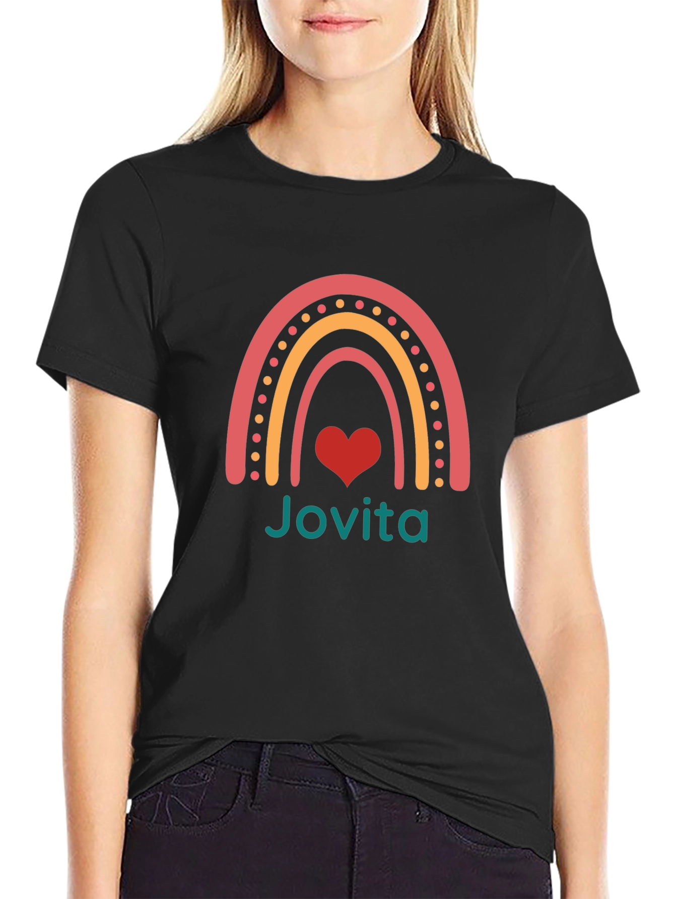 Jovita Rainbow Heart Tee - Black Cotton Blend T-Shirt