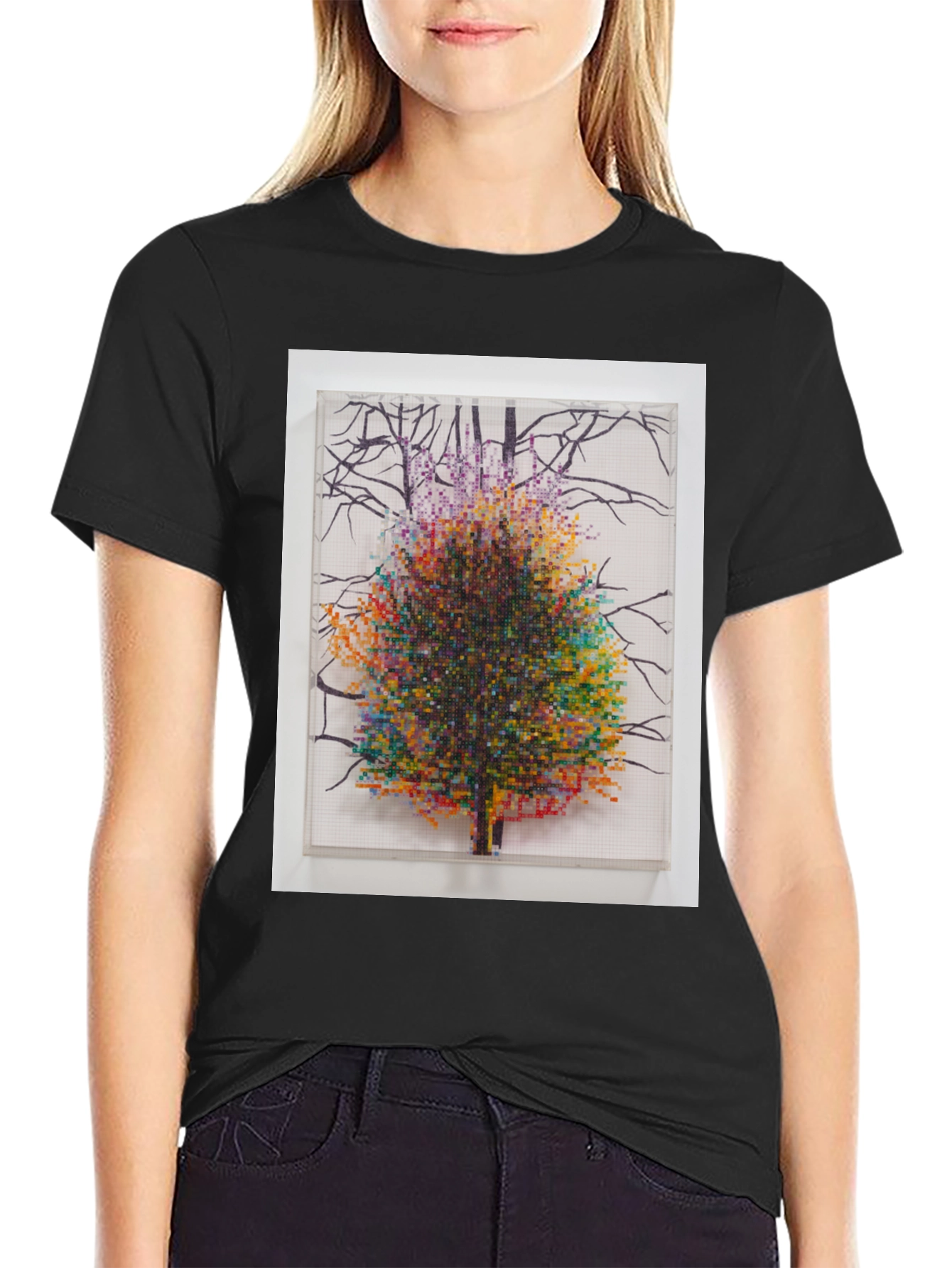 Pixel Tree Art Black T-Shirt Nature Design Tee