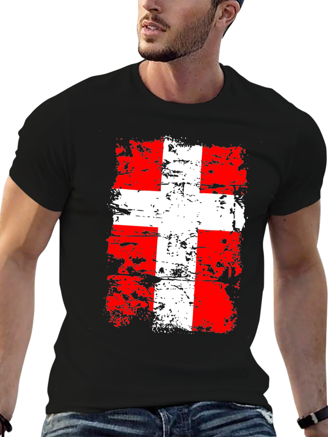 Distressed Swiss Flag Graphic Tee - Black