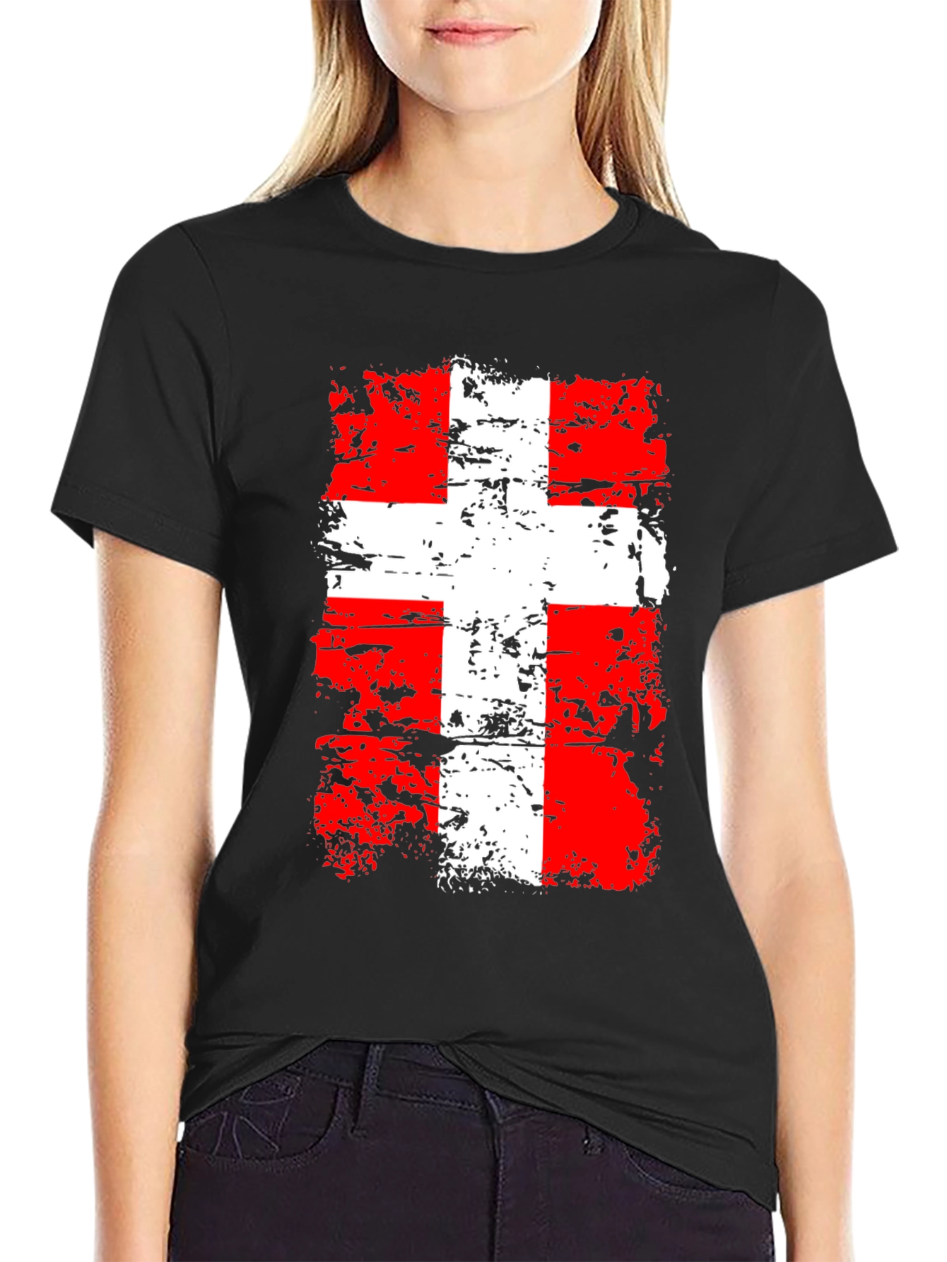 Distressed Swiss Flag Graphic Tee - Black
