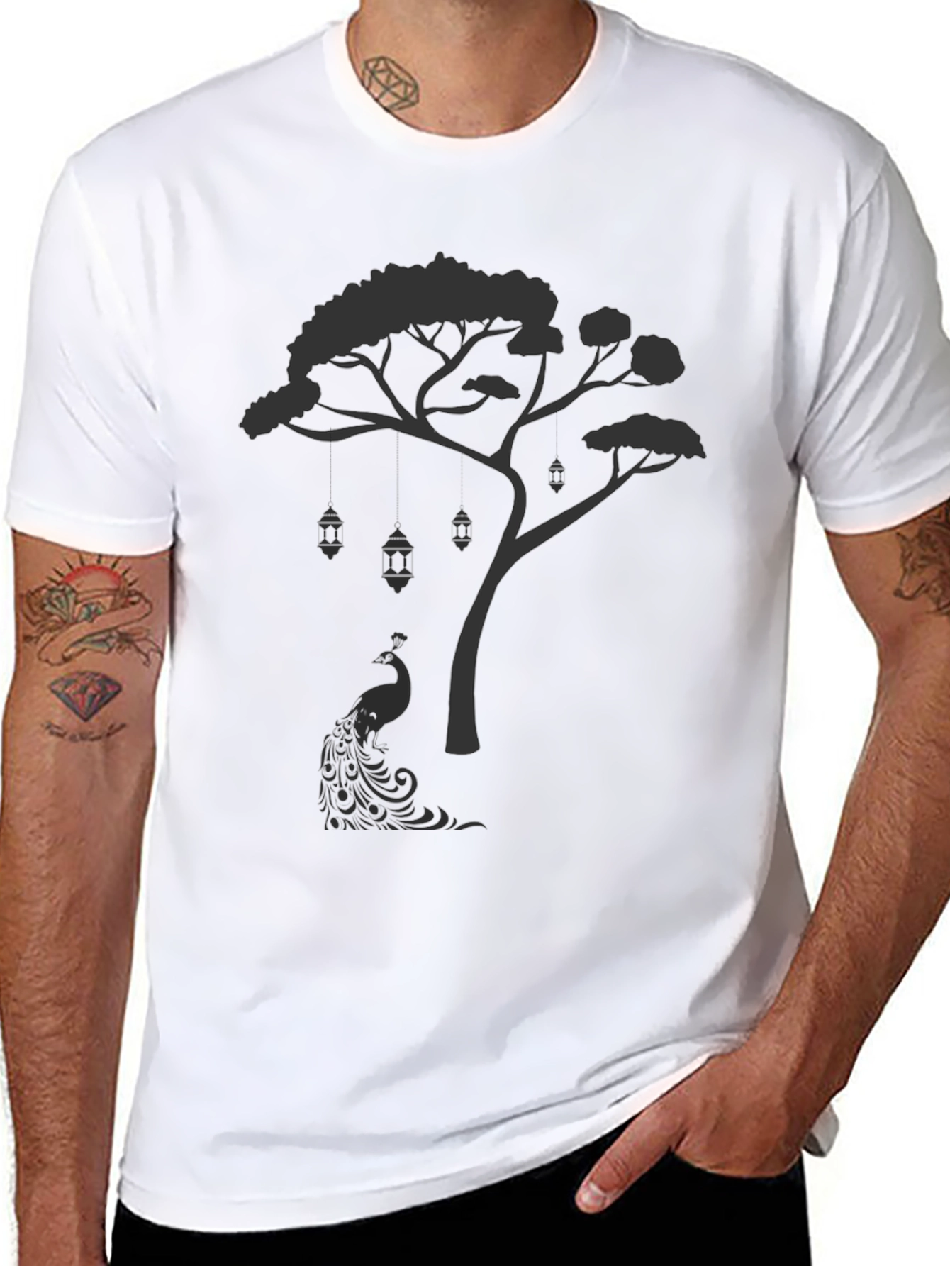 Mens Black Tree & Peacock Graphic Tee