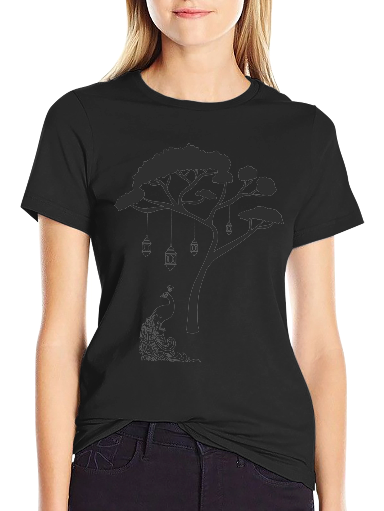 Mens Black Tree & Peacock Graphic Tee