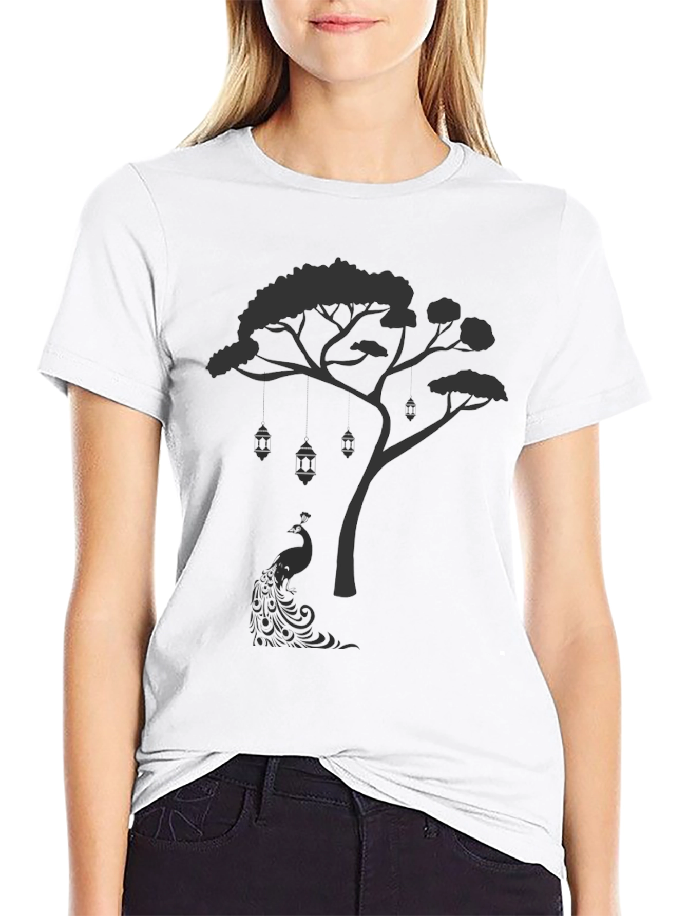 Mens Black Tree & Peacock Graphic Tee