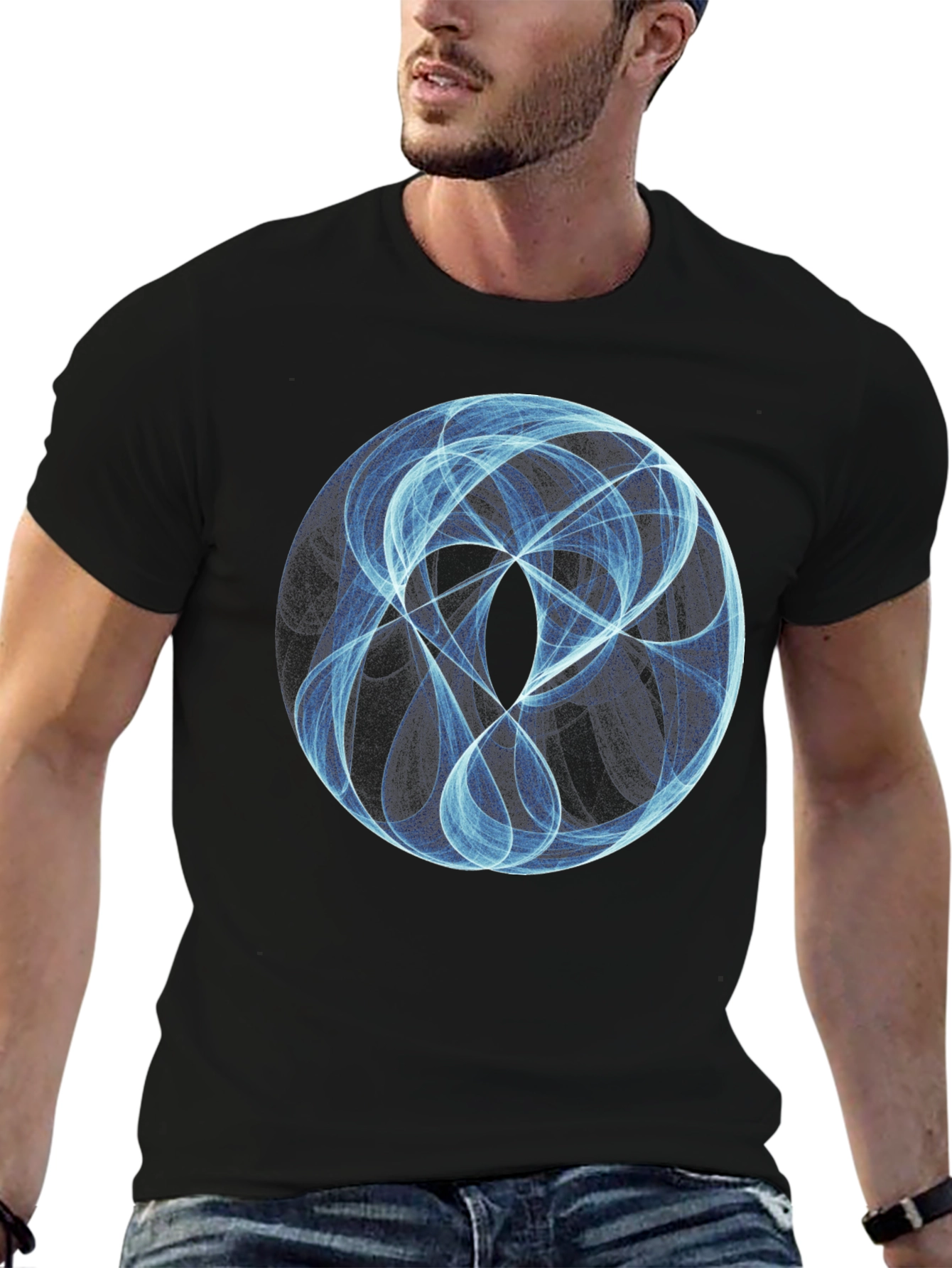 Abstract Blue Circle Graphic Black T-Shirt