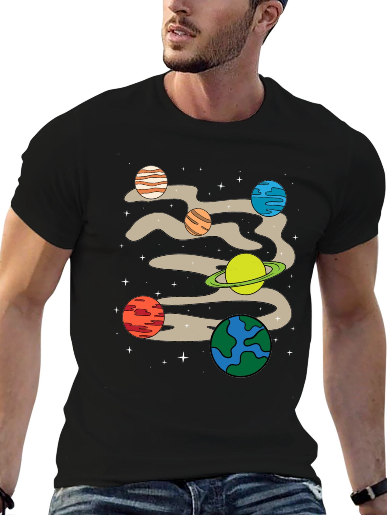 Planets Graphic Print Black T-Shirt