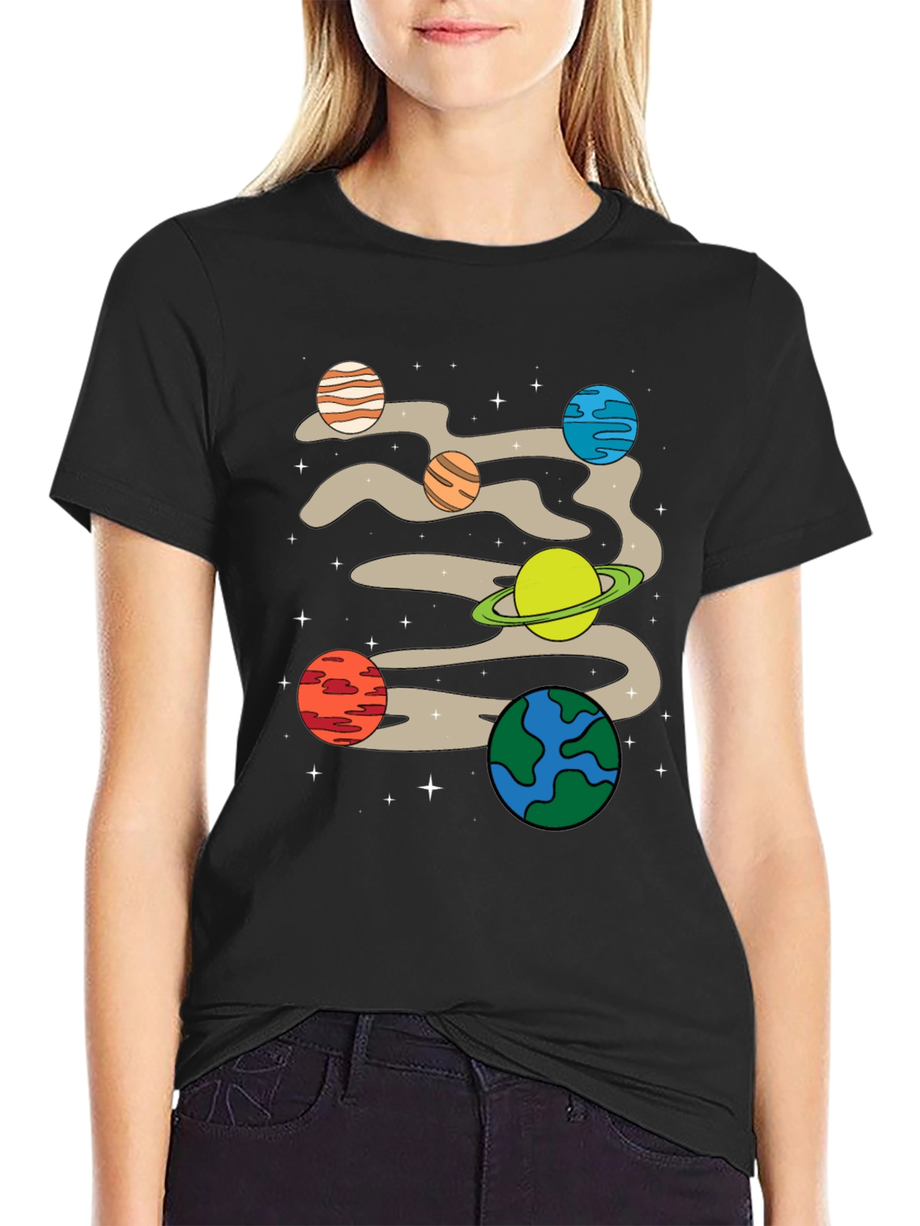 Planets Graphic Print Black T-Shirt