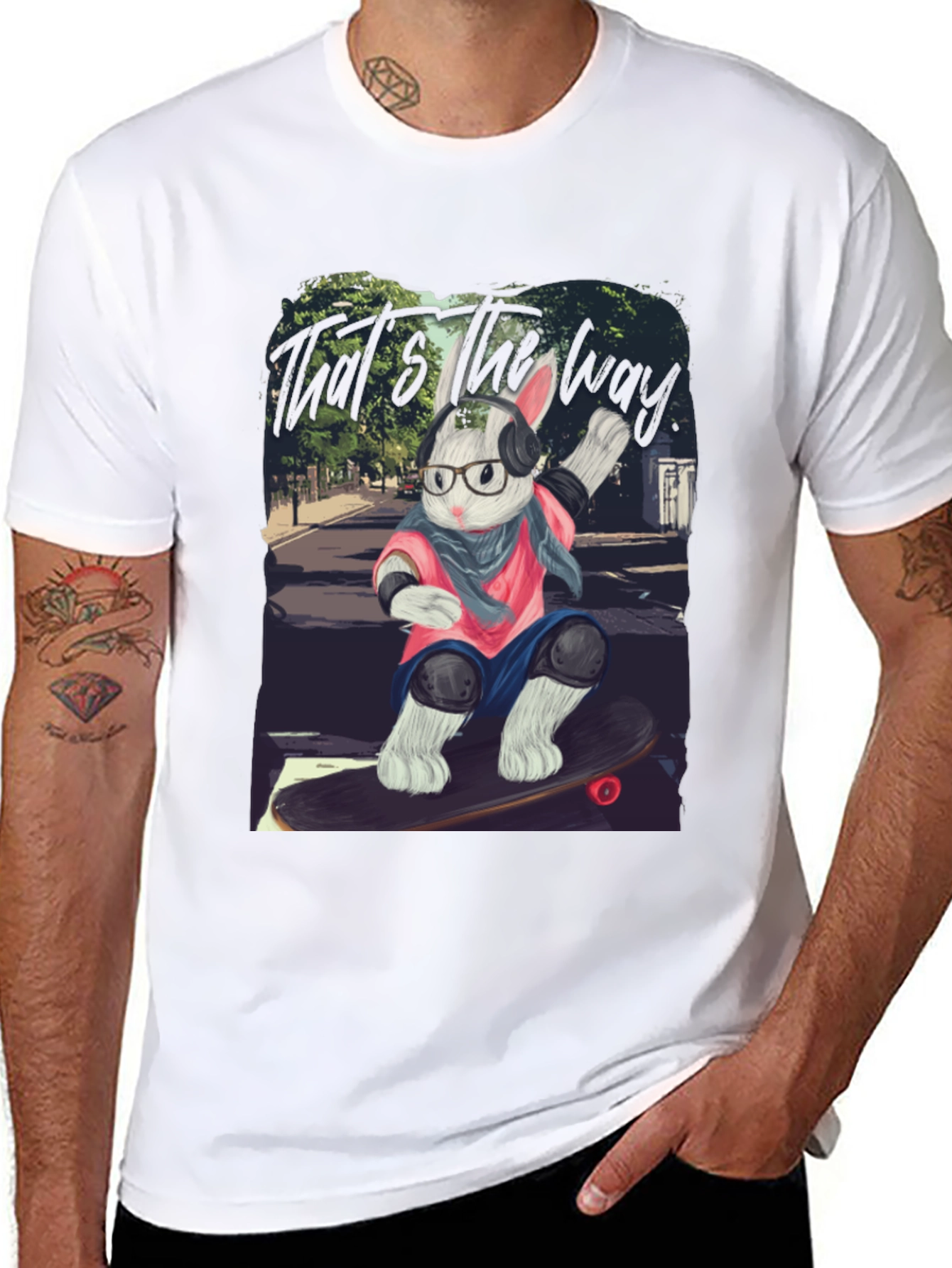 Skater Rabbit Graphic Tee - Black Cotton T-Shirt