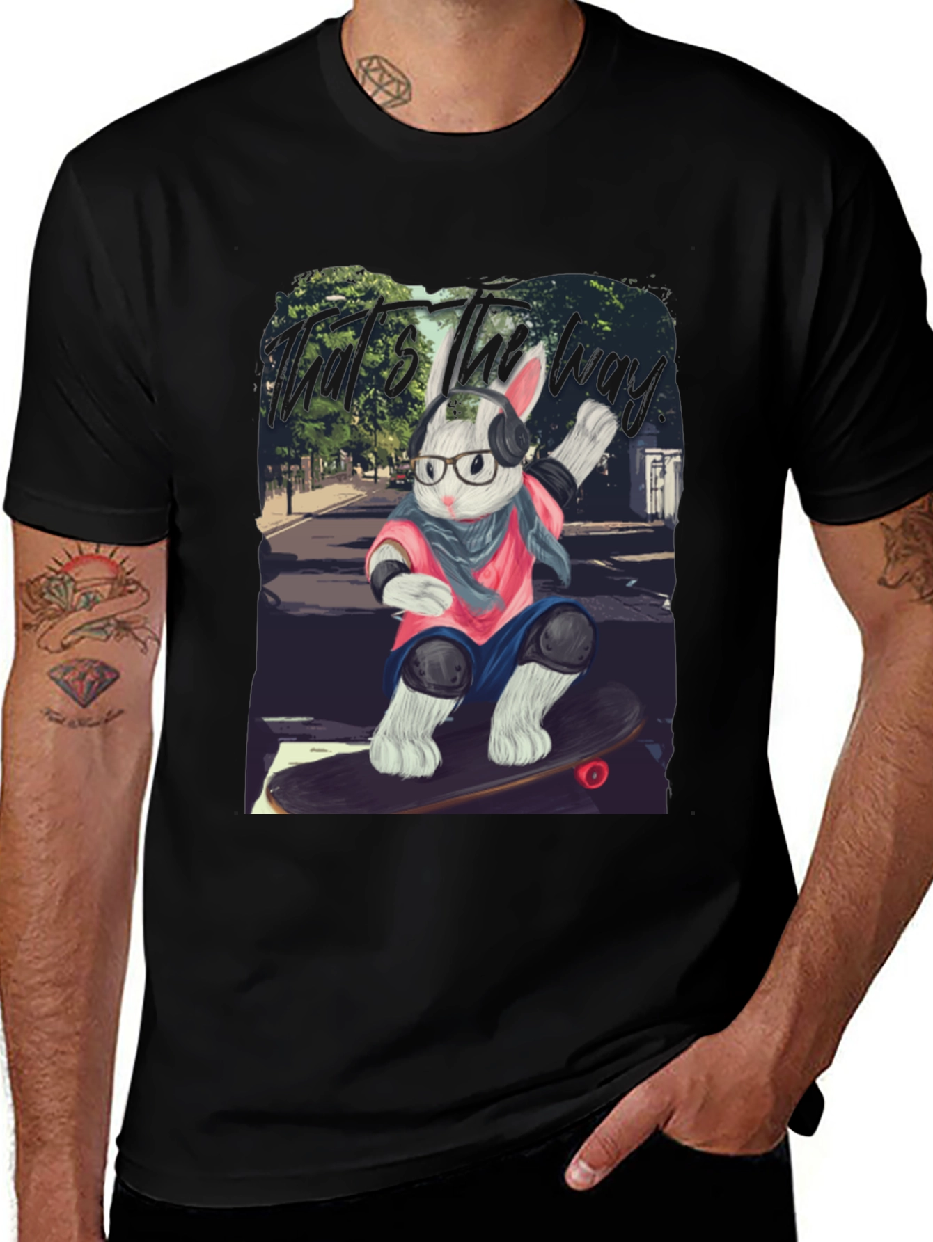 Skater Rabbit Graphic Tee - Black Cotton T-Shirt