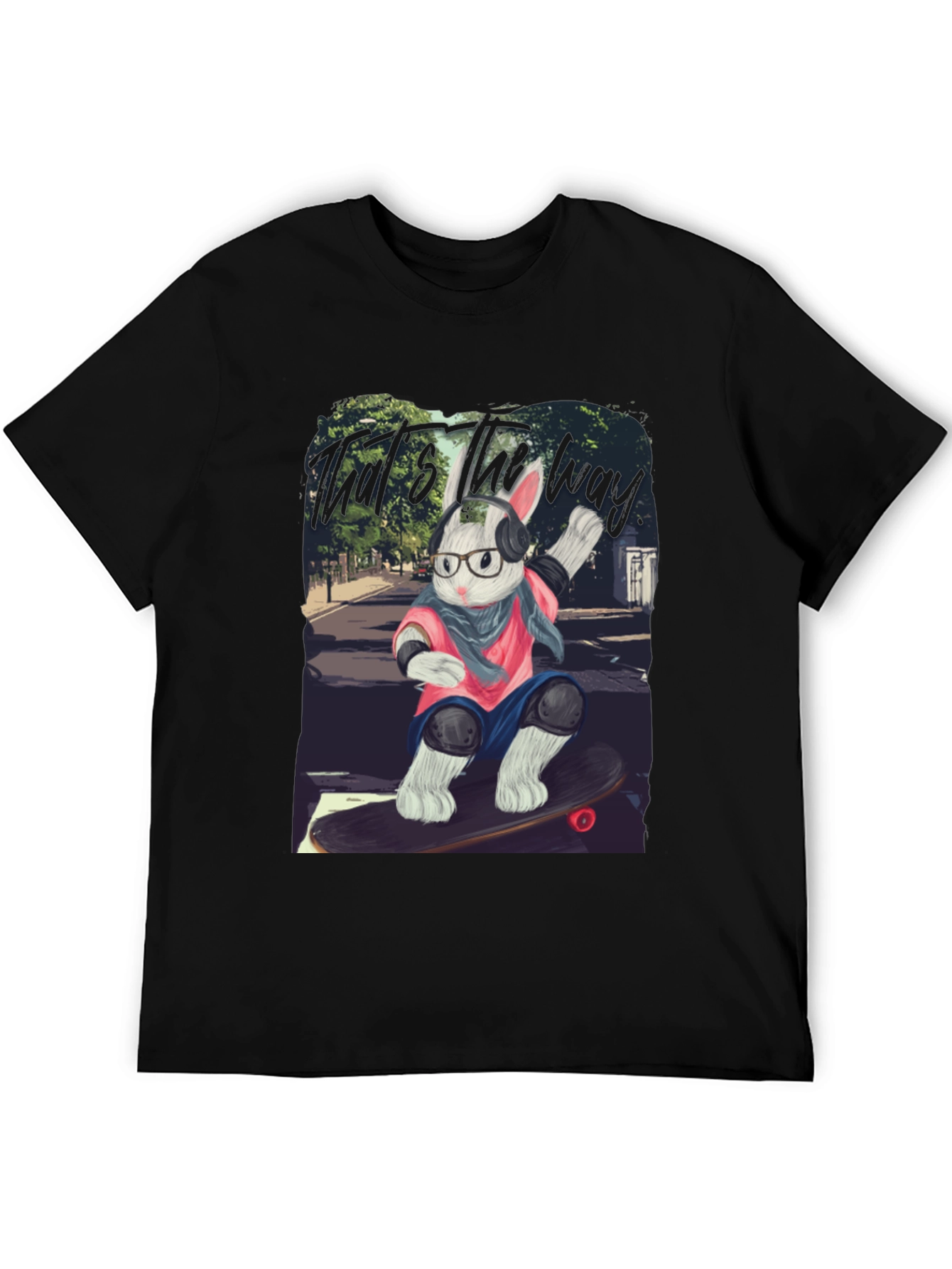 Skater Rabbit Graphic Tee - Black Cotton T-Shirt