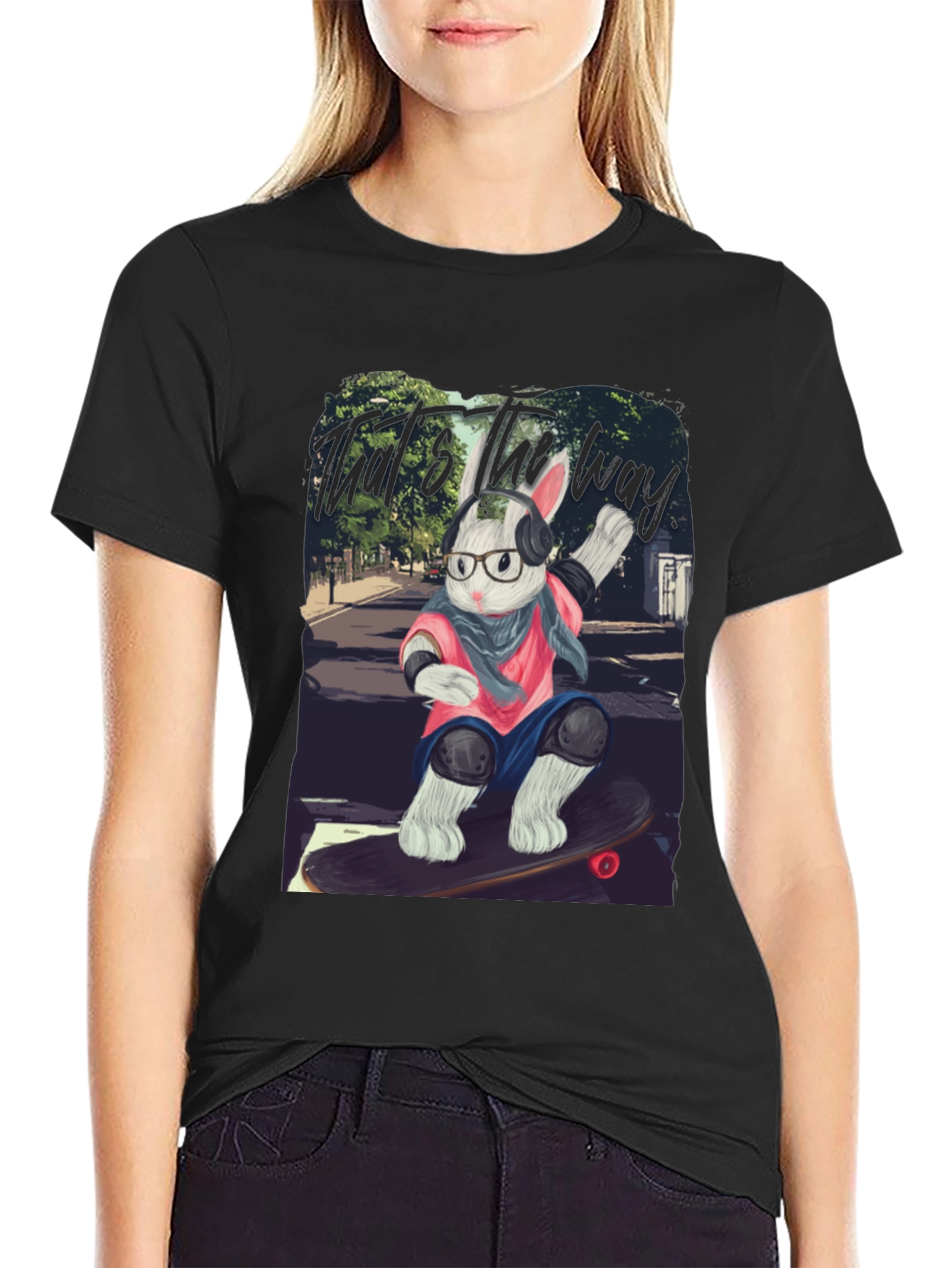 Skater Rabbit Graphic Tee - Black Cotton T-Shirt