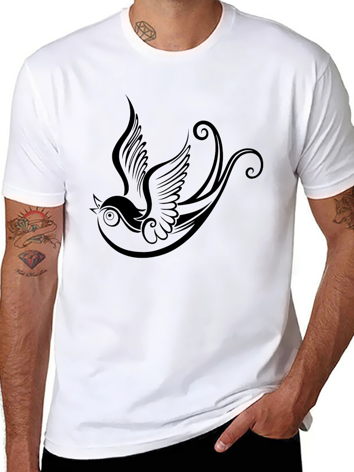 Black T-Shirt with Bird Tattoo Design