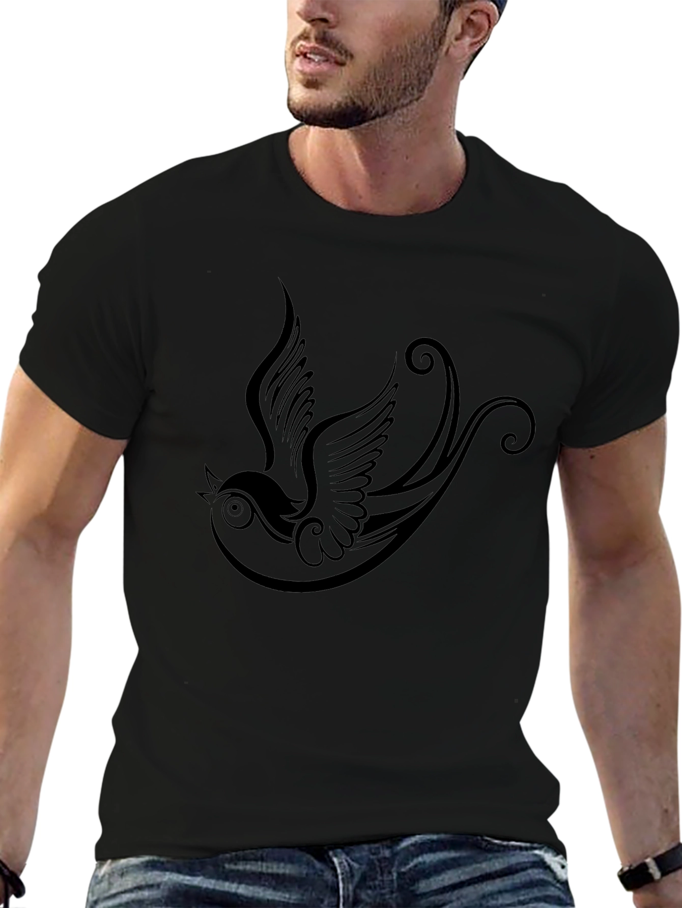 Black T-Shirt with Bird Tattoo Design