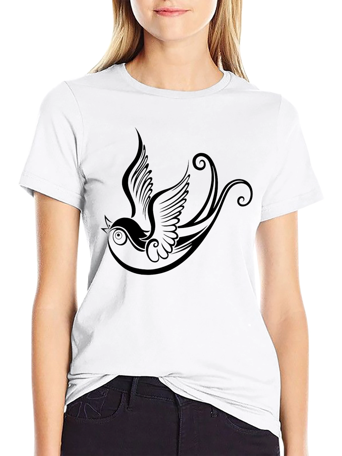 Black T-Shirt with Bird Tattoo Design