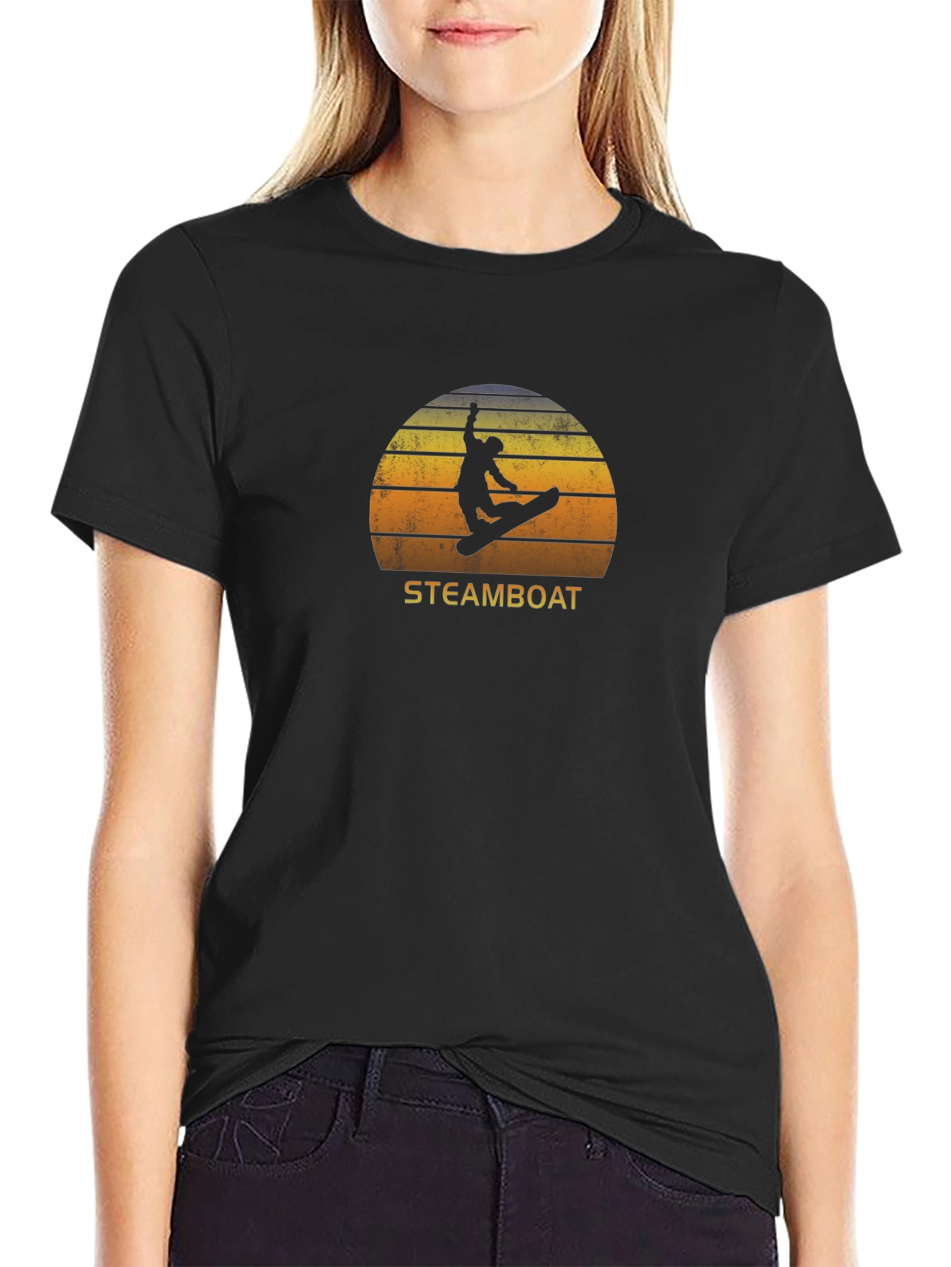 Steamboat Snowboarder T-Shirt - Retro Sunset Design