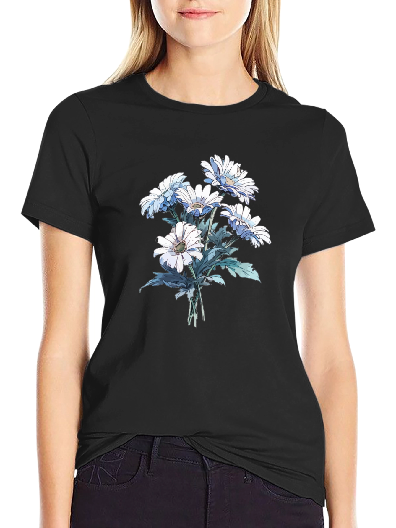 Floral Print Tee - White Daisies on Black