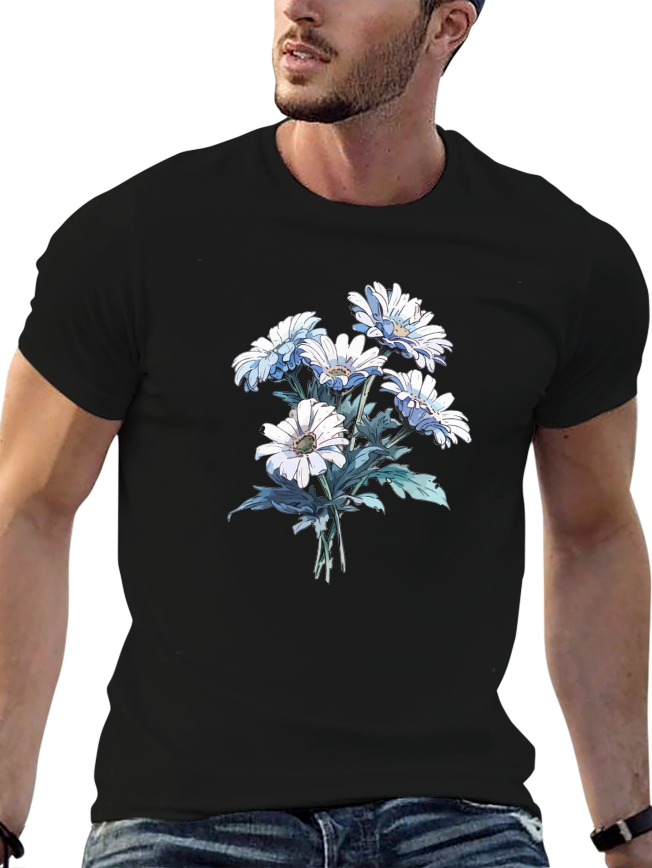 Floral Print Tee - White Daisies on Black