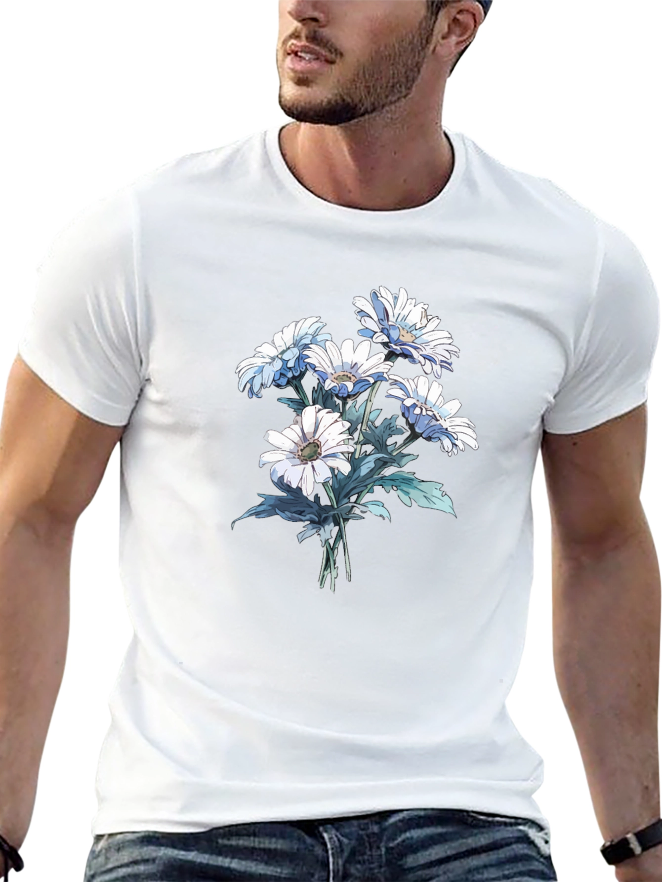 Floral Print Tee - White Daisies on Black