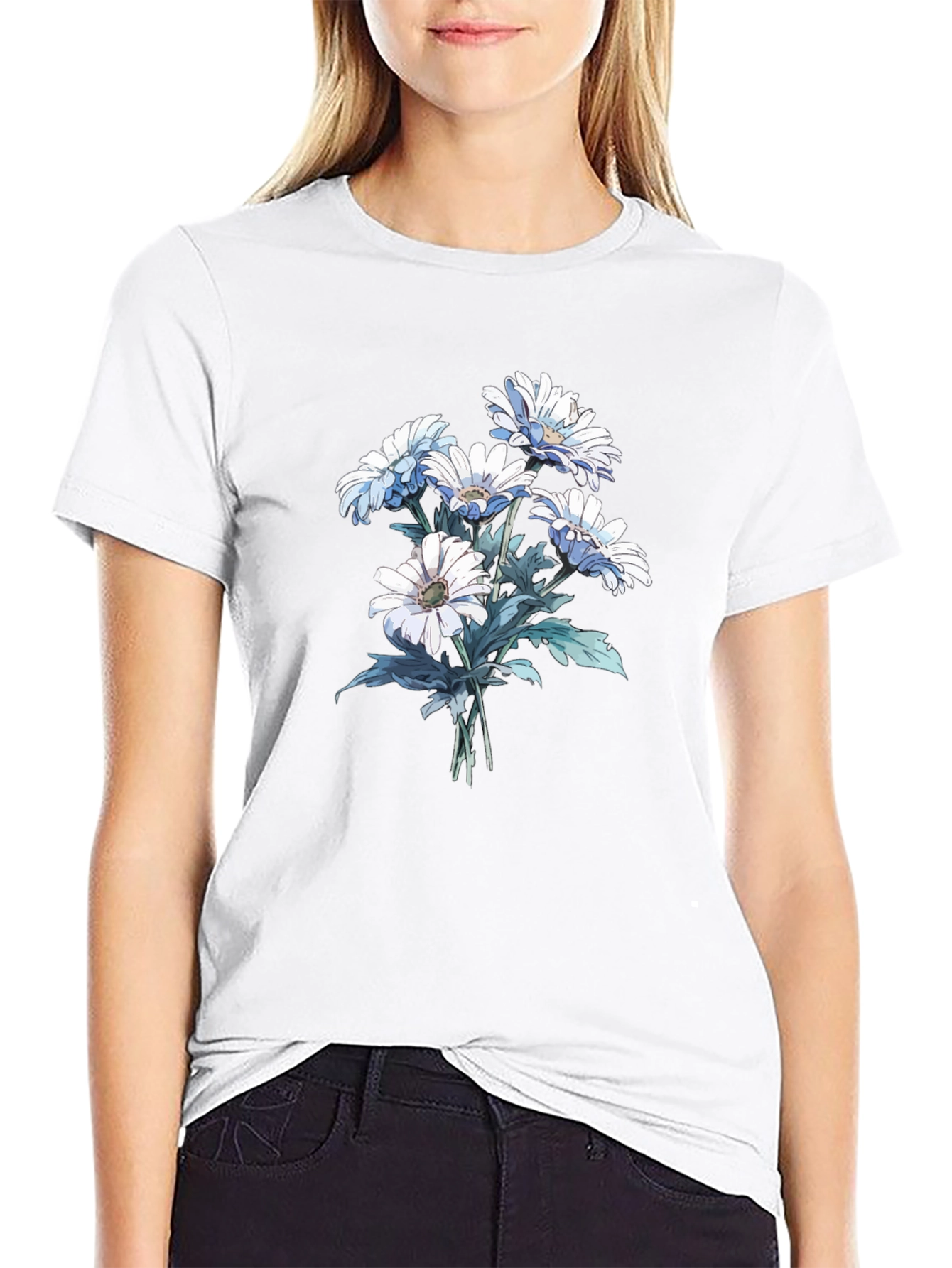 Floral Print Tee - White Daisies on Black
