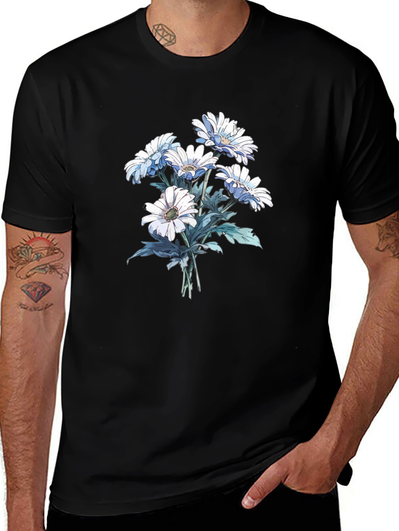 Floral Print Tee - White Daisies on Black