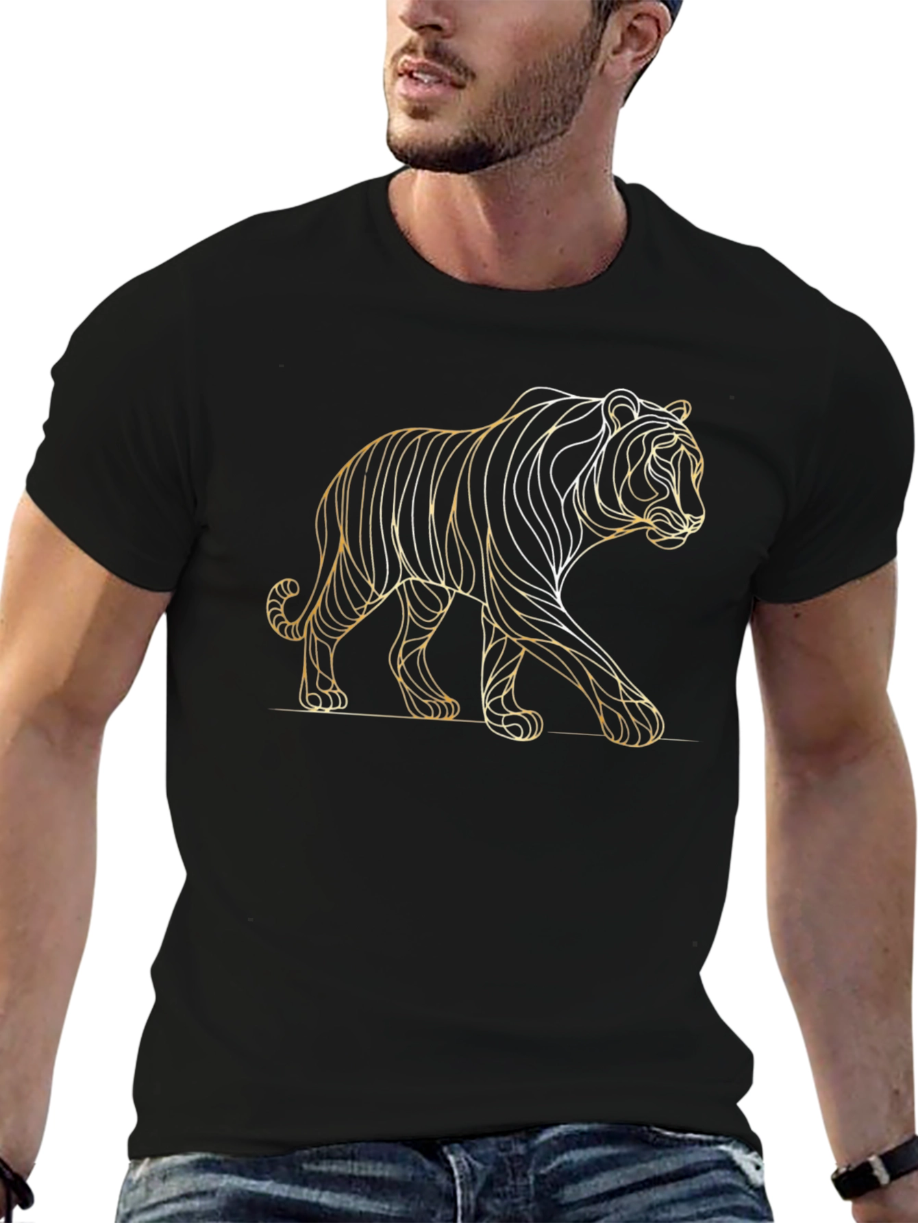 Modern Tiger Line Art Graphic Tee - Black