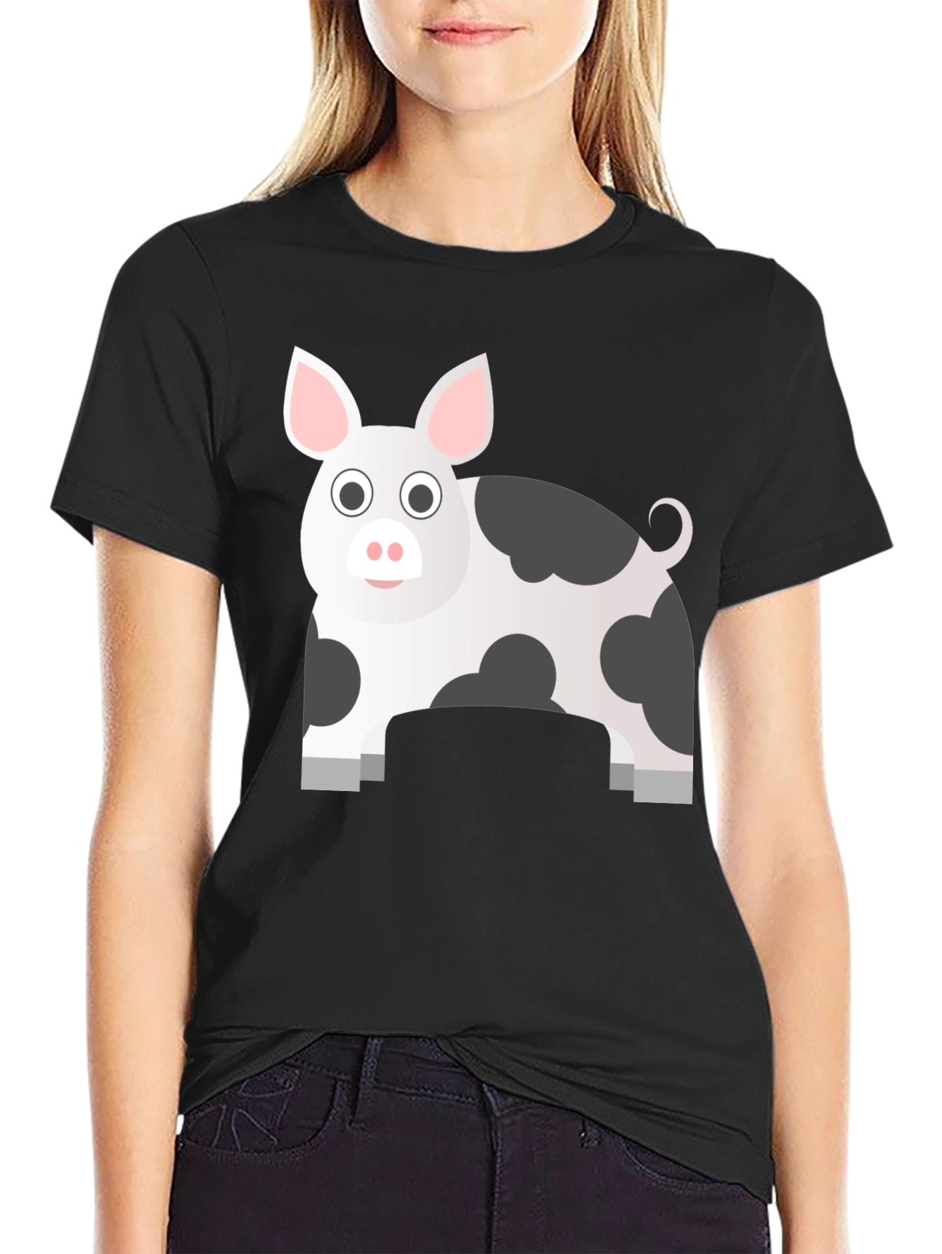 Pig Cartoon Graphic Black T-Shirt