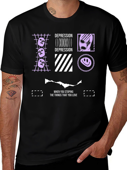 Depression Themed Graphic Print Black T-Shirt