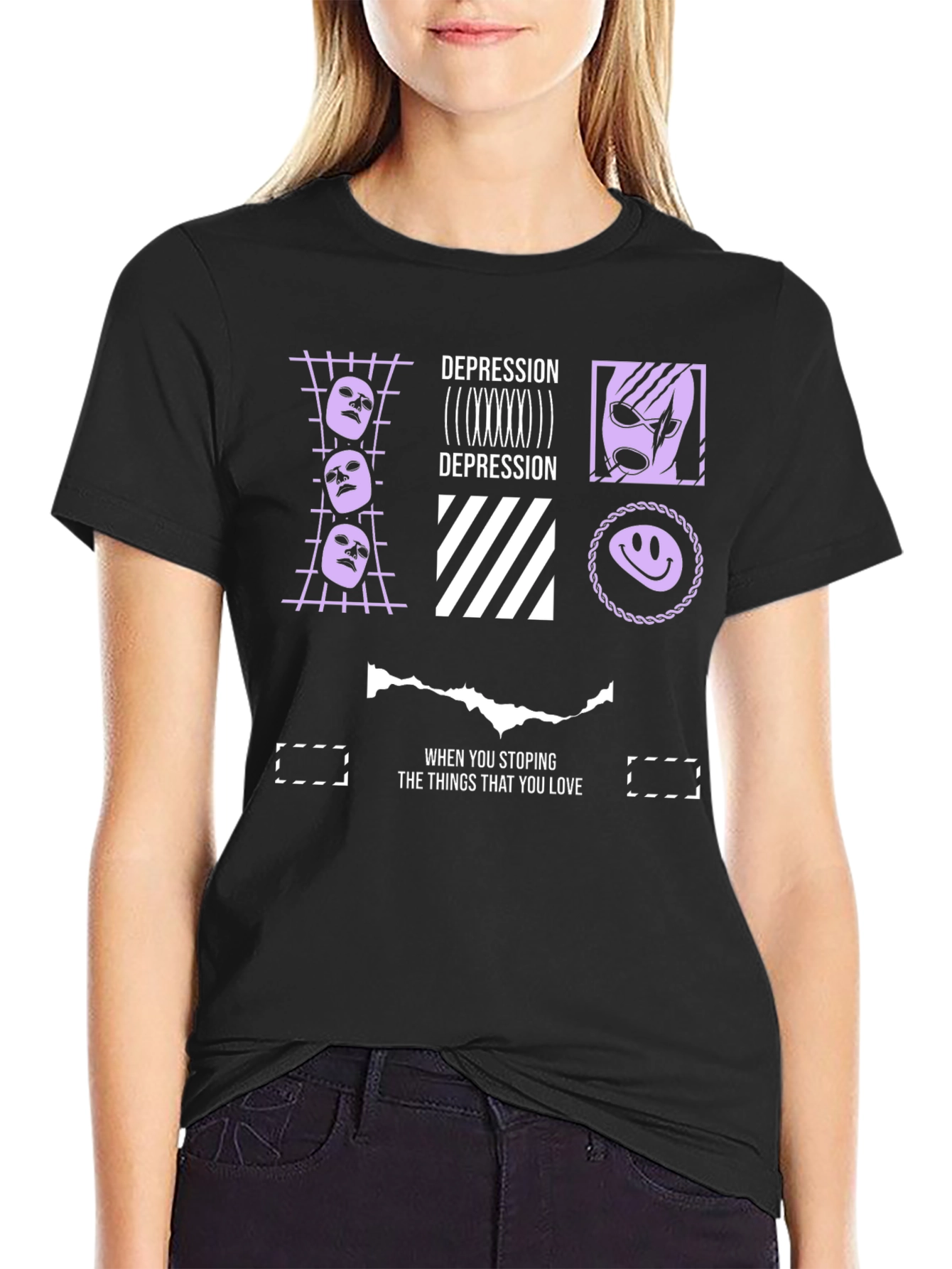 Depression Themed Graphic Print Black T-Shirt