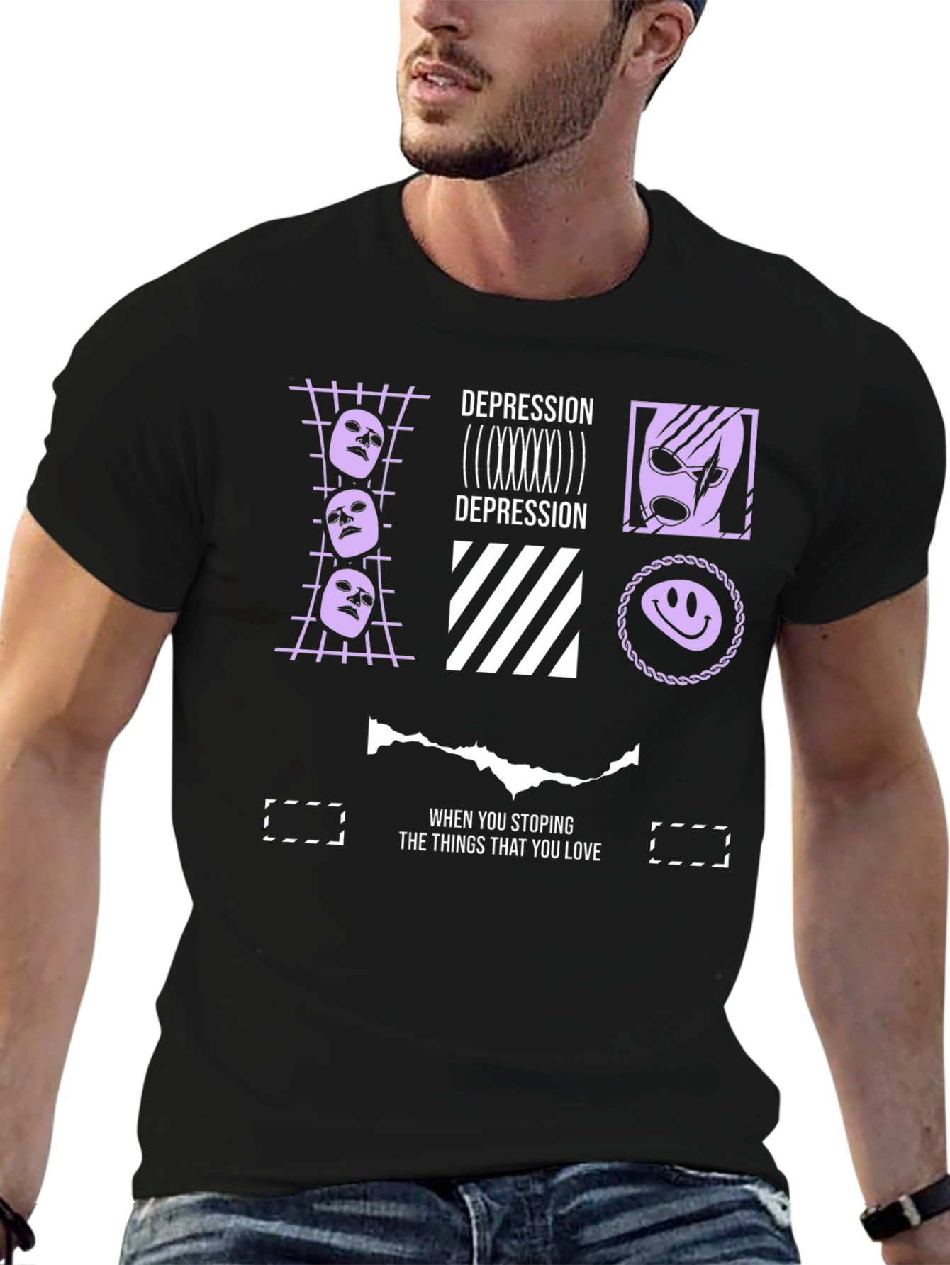 Depression Themed Graphic Print Black T-Shirt