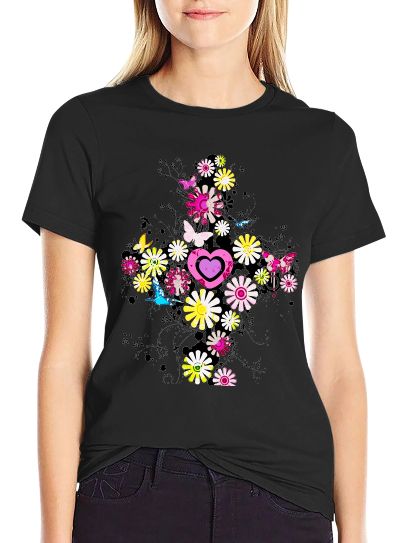 Floral Heart Graphic Tee - Trendy Design