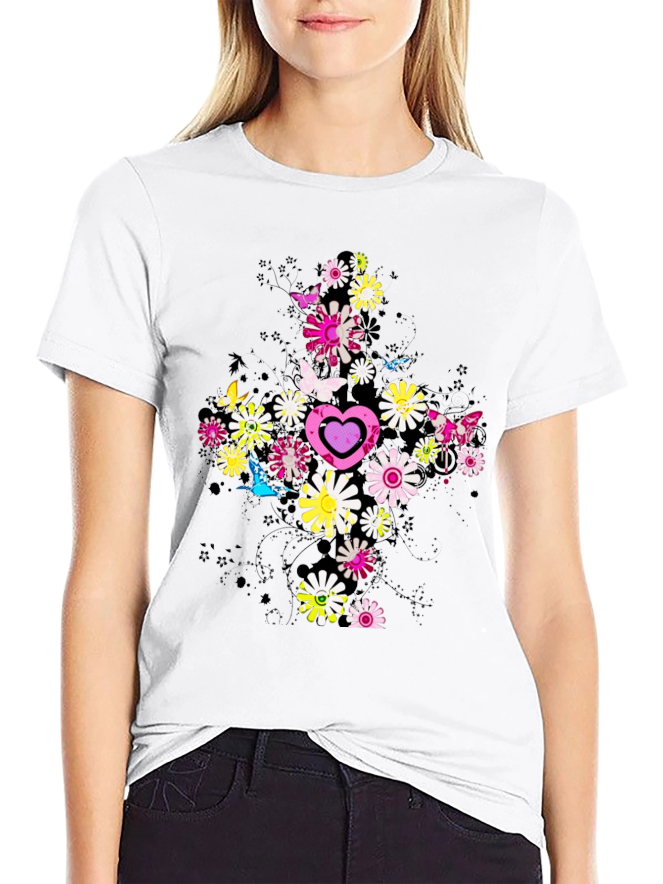 Floral Heart Graphic Tee - Trendy Design