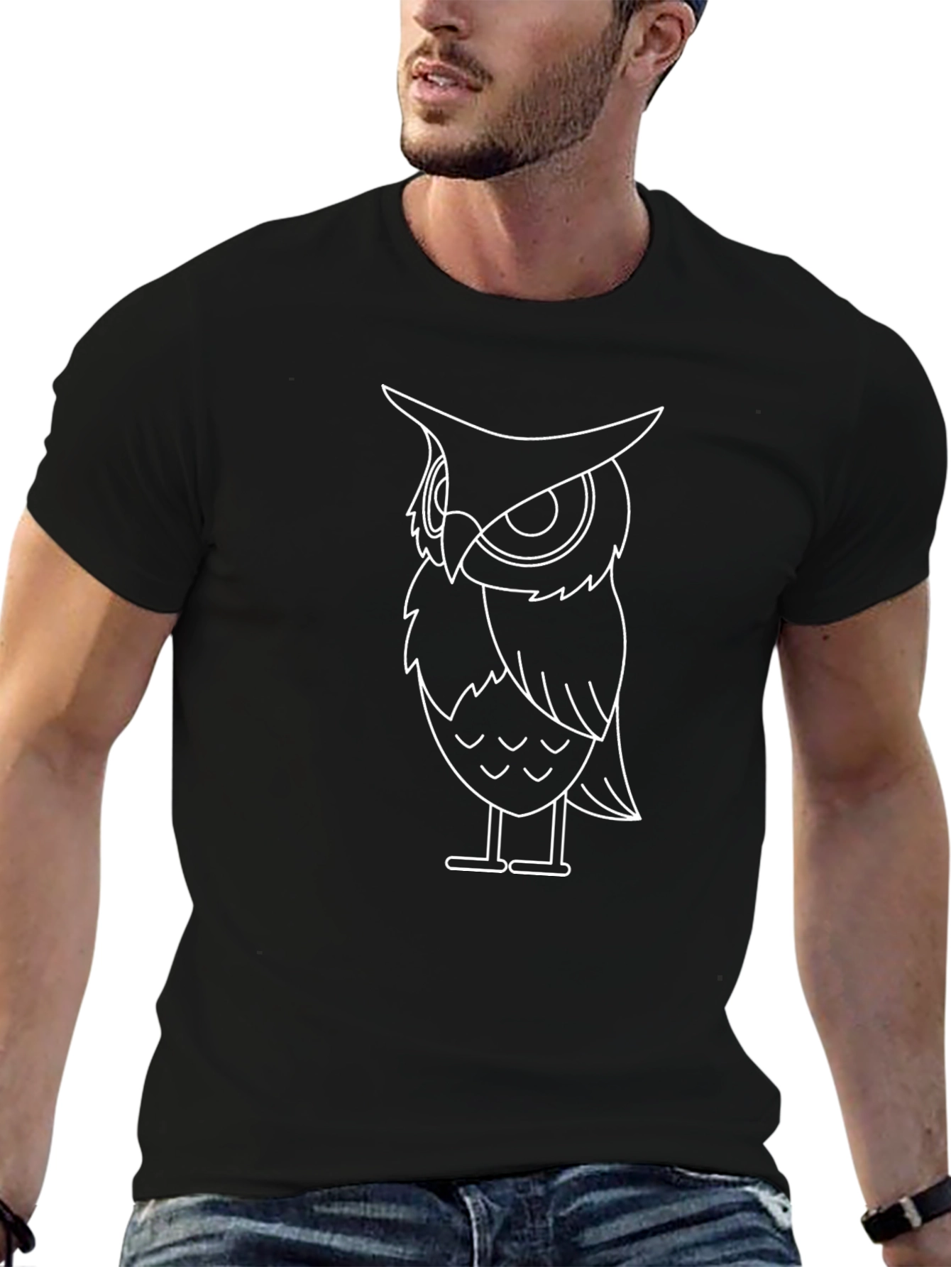 Mens Black Owl Outline Graphic Tee