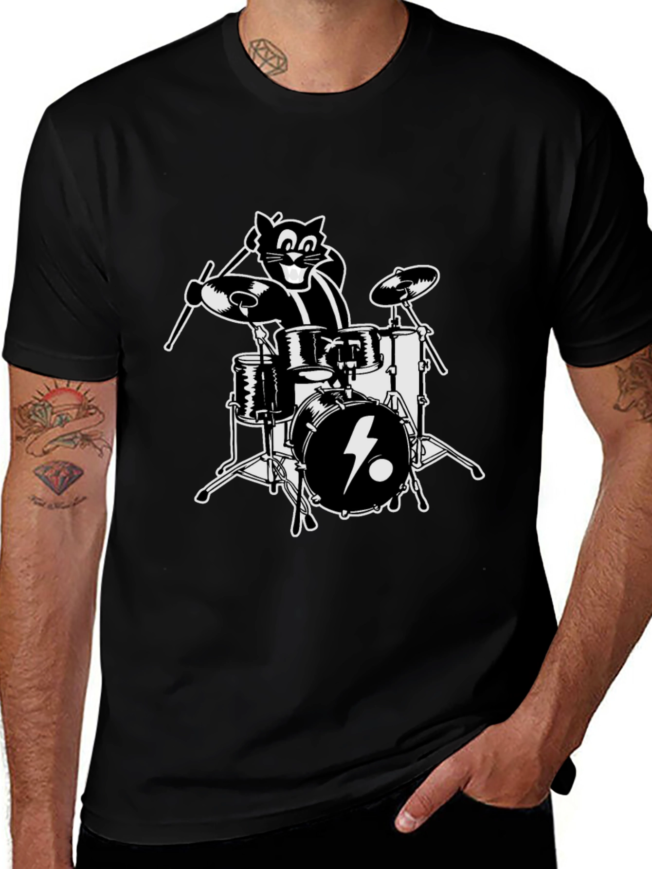 Cool Cat Drummer Graphic T-Shirt