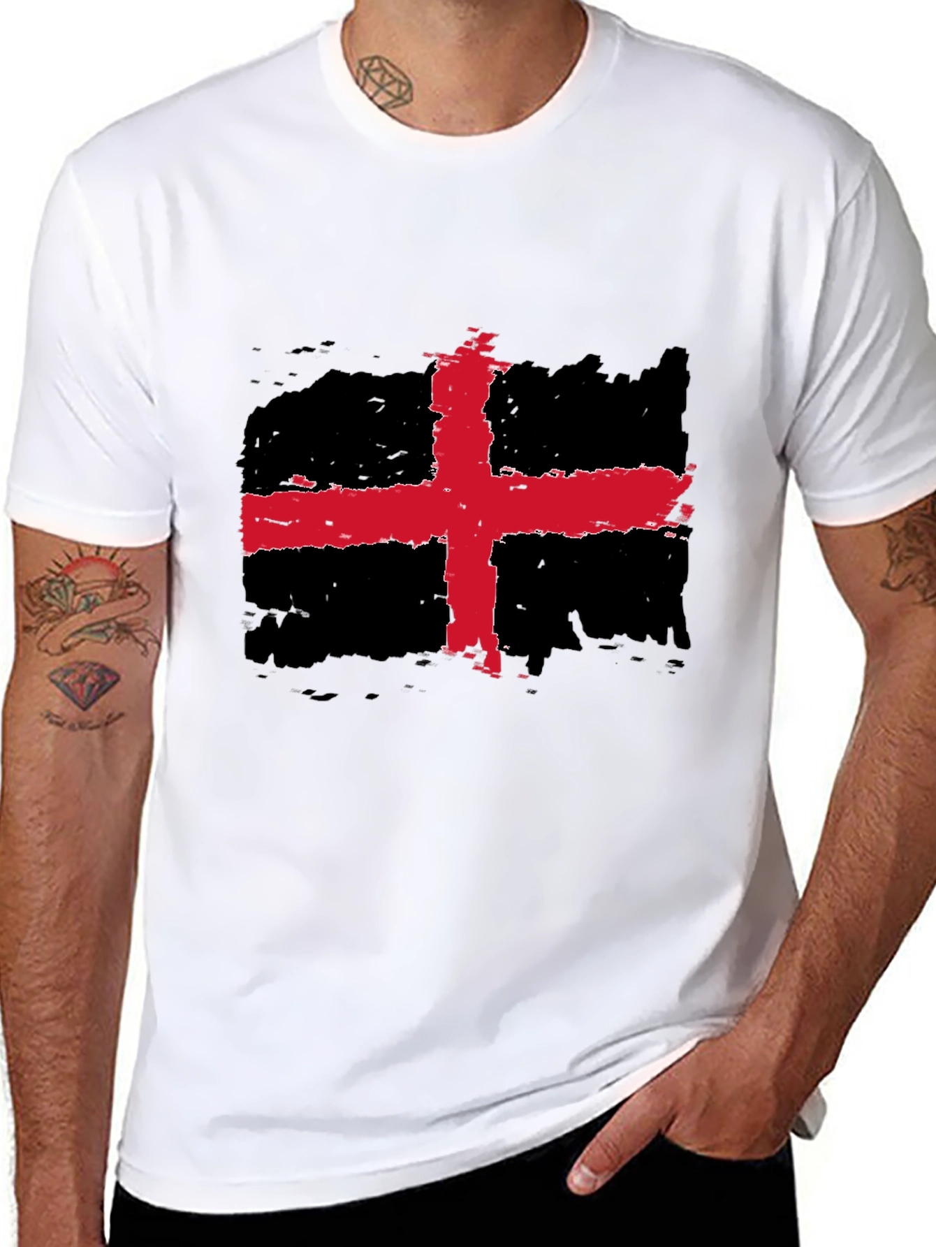 Distressed Red Cross Black Tee