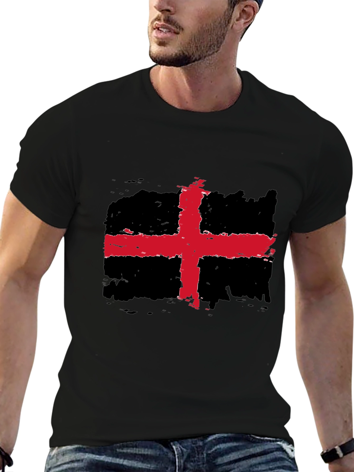 Distressed Red Cross Black Tee