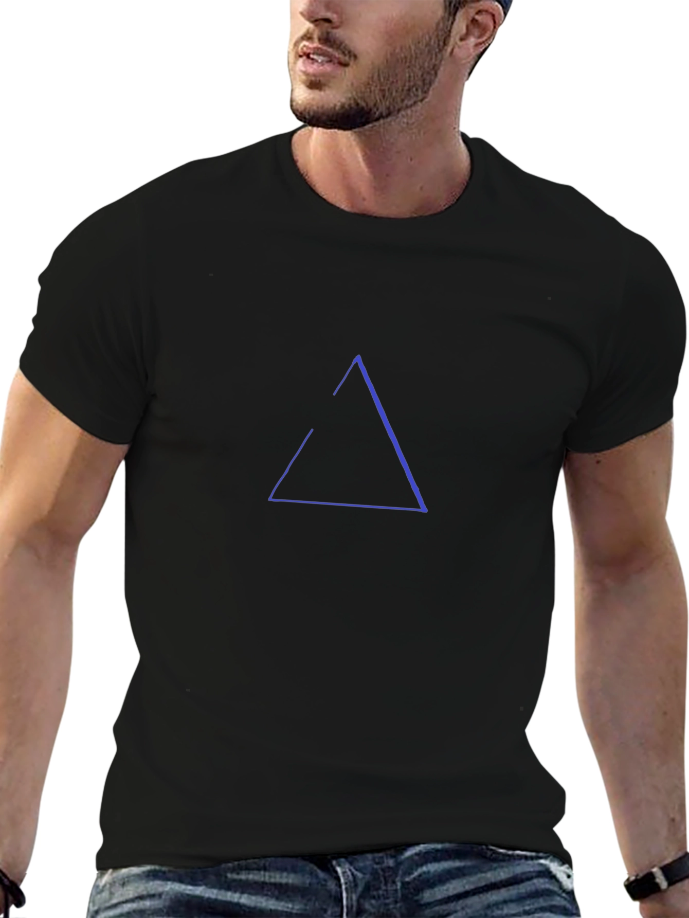 Minimalist Blue Triangle Graphic Black T-Shirt