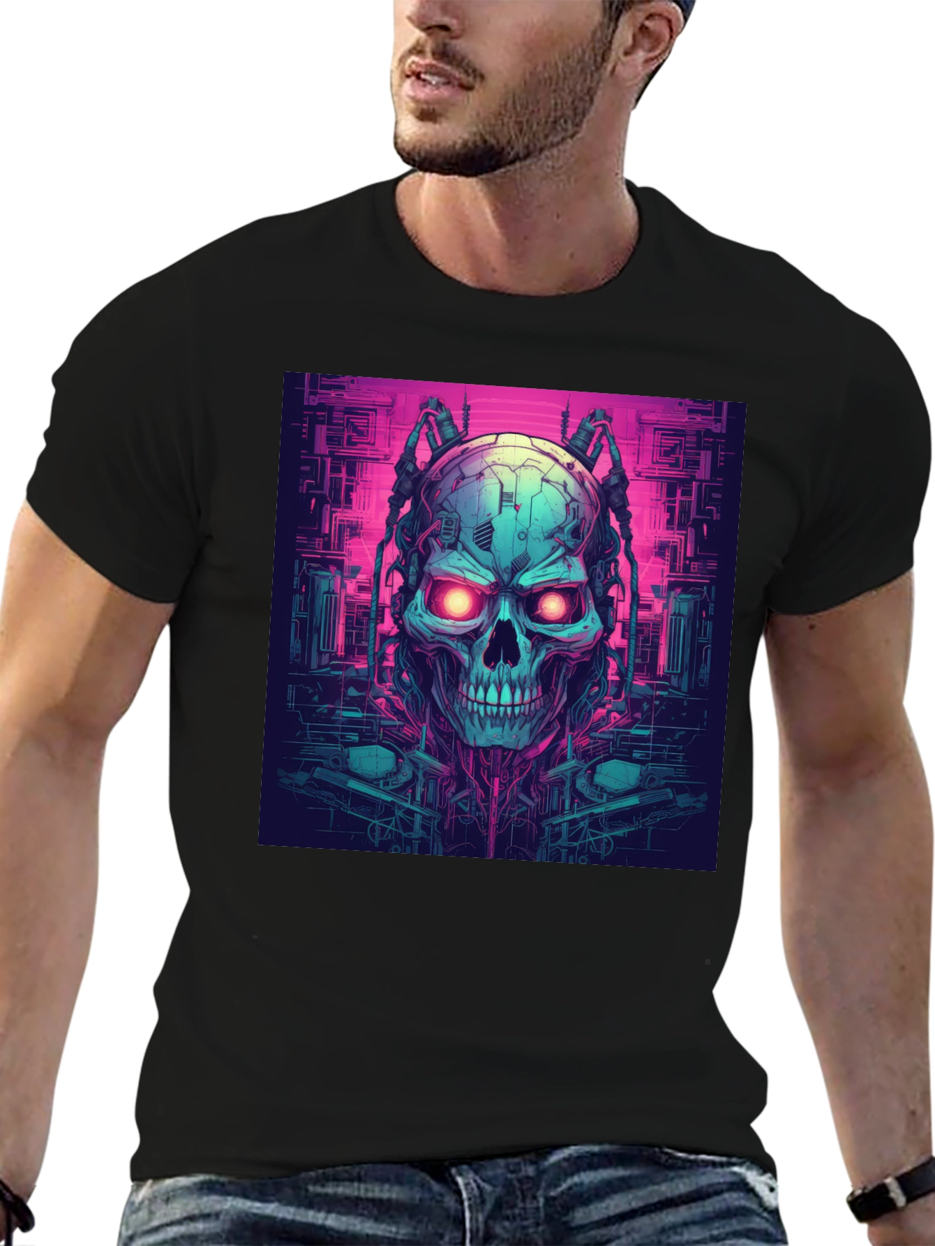 Cyberpunk Skull Graphic Tee - Black T-Shirt