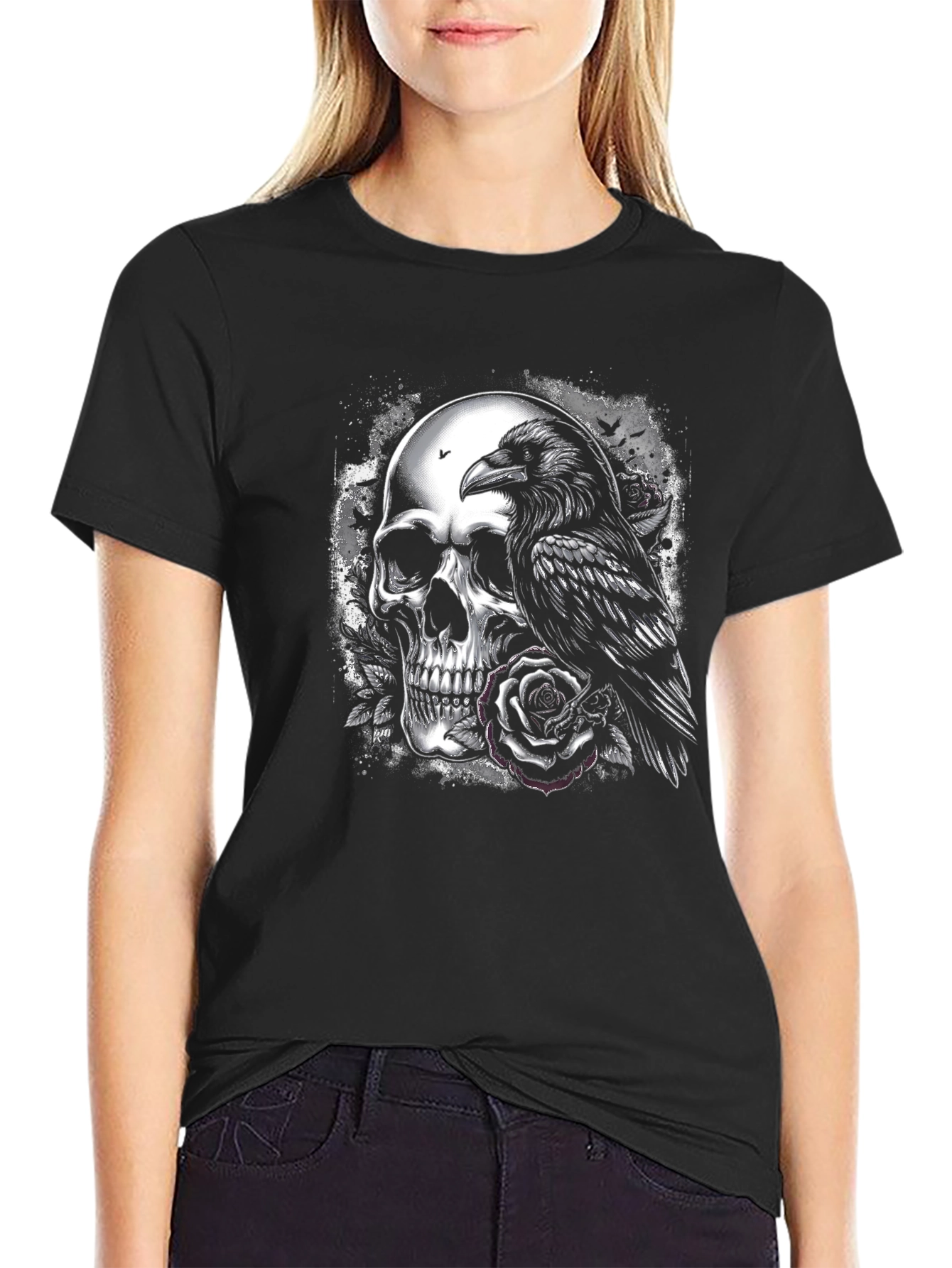 Raven and Skull Graphic T-Shirt - Gothic Style