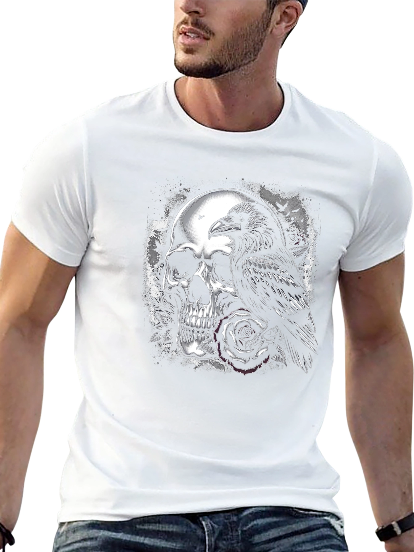 Raven and Skull Graphic T-Shirt - Gothic Style
