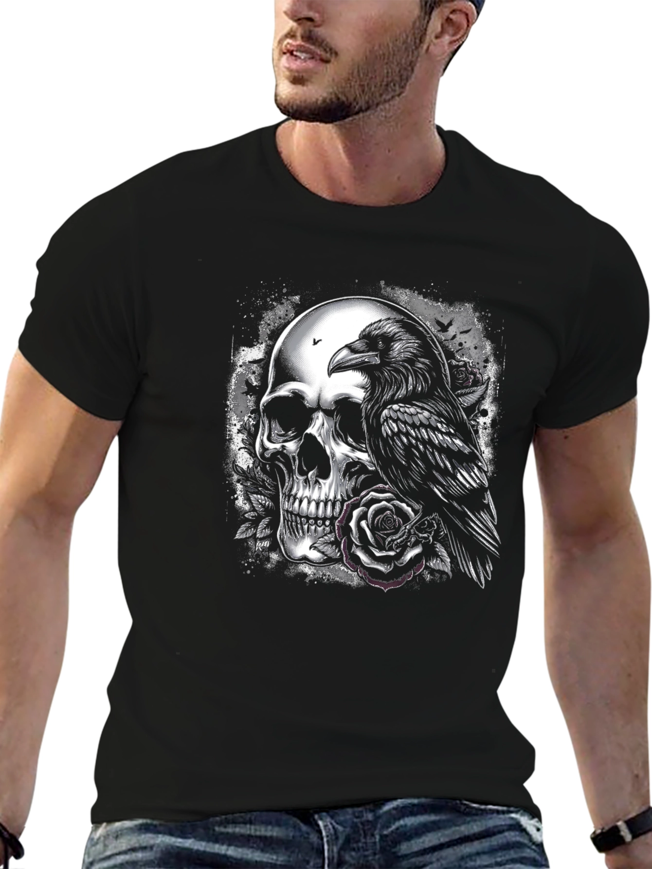 Raven and Skull Graphic T-Shirt - Gothic Style