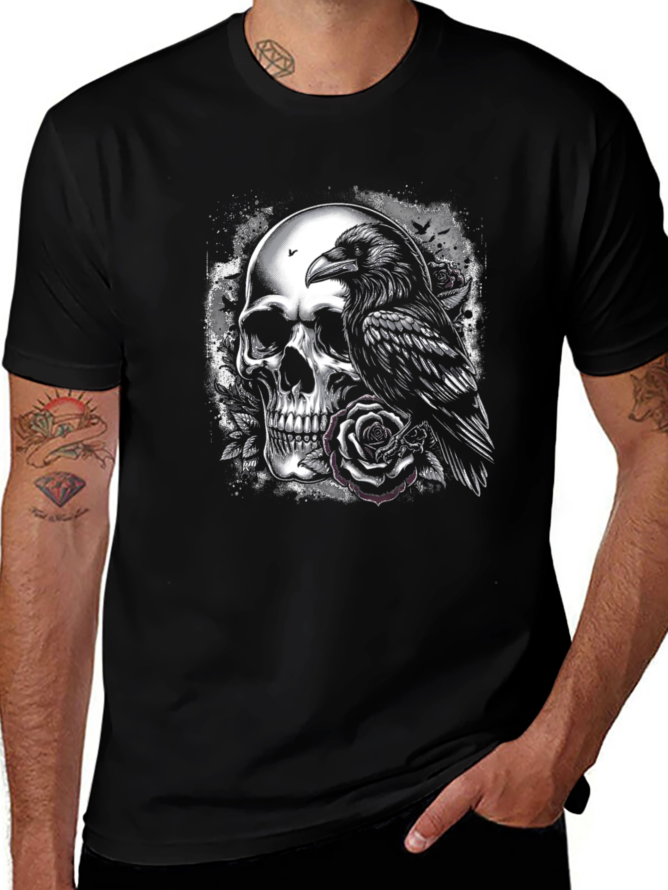 Raven and Skull Graphic T-Shirt - Gothic Style