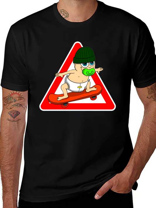 Skateboarding Baby Graphic Tee - Black Cotton T-Shirt