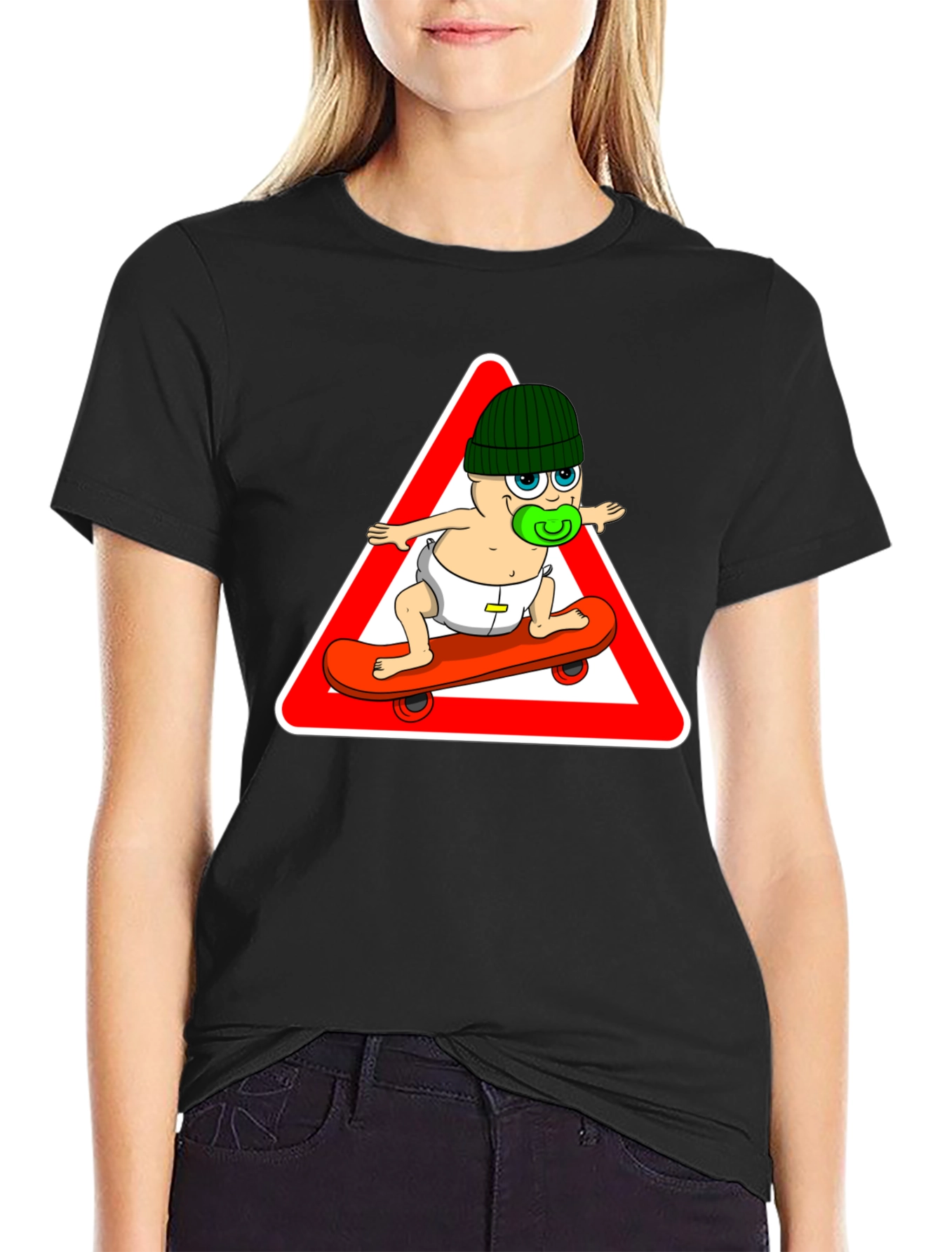 Skateboarding Baby Graphic Tee - Black Cotton T-Shirt