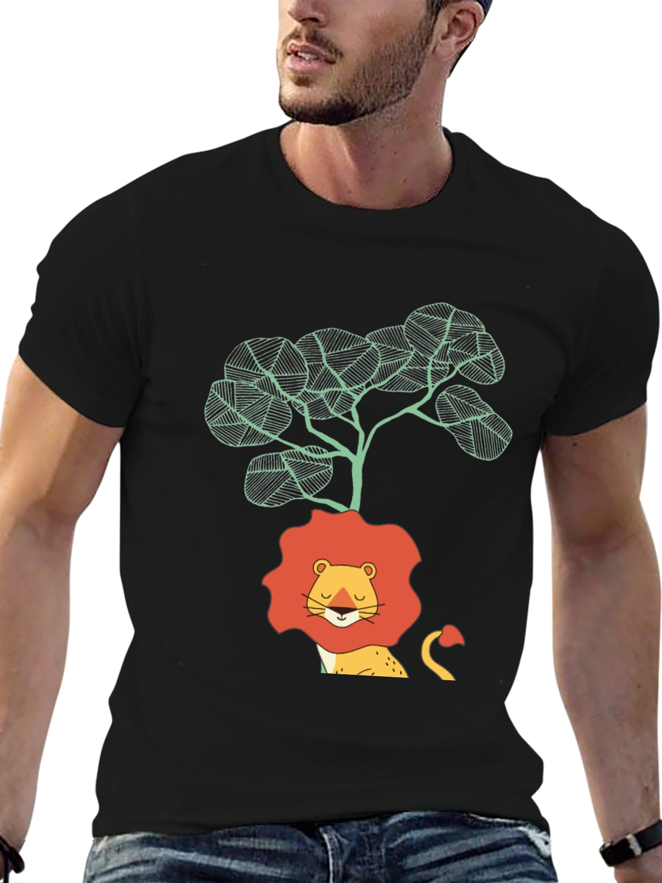 Lion & Tree Graphic Print Black T-Shirt