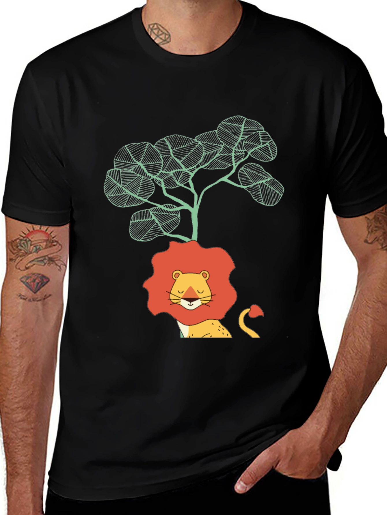 Lion & Tree Graphic Print Black T-Shirt