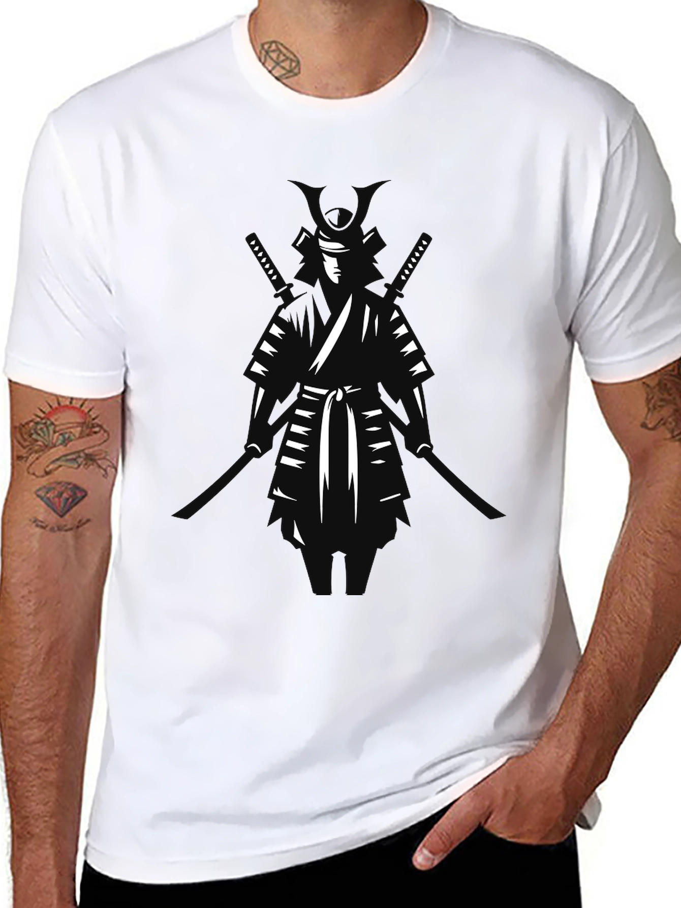 Samurai Warrior Graphic Tee - Black Cotton Blend