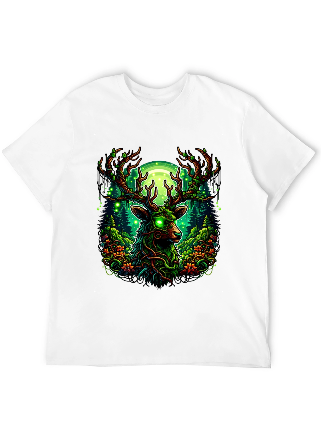 Mystic Deer Forest T-Shirt - Glowing Eyes Design